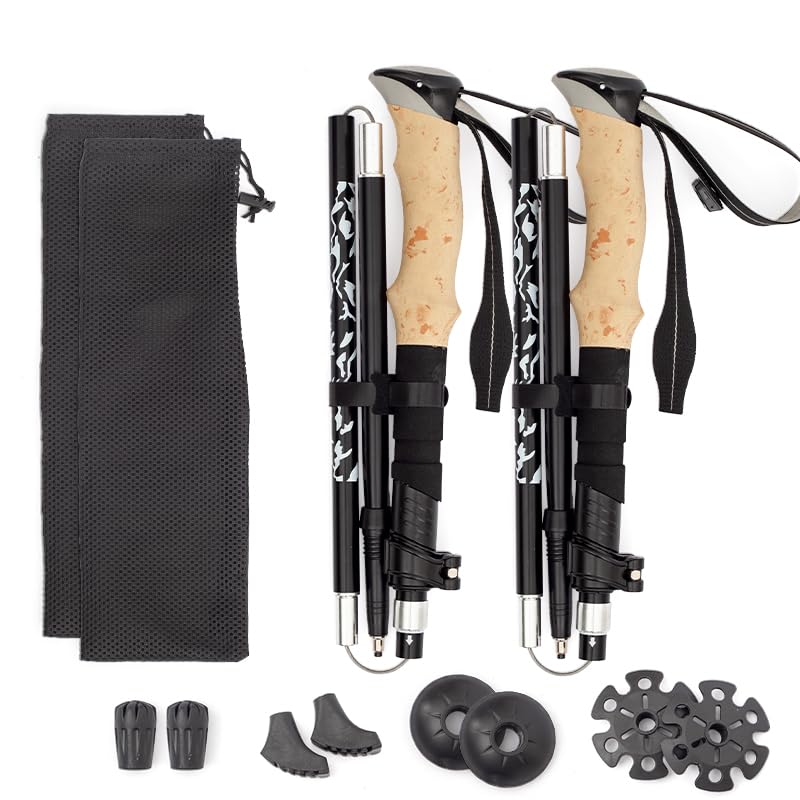 Premium Collapsible Trekking Poles for Hiking - Lightweight Aluminum Walking Sticks for Men, Women & Seniors - 2-Pack with Cork & EVA Foam Grips (Black) - Perfect for Mountain Trails, Backpacking & Outdoor Adventures