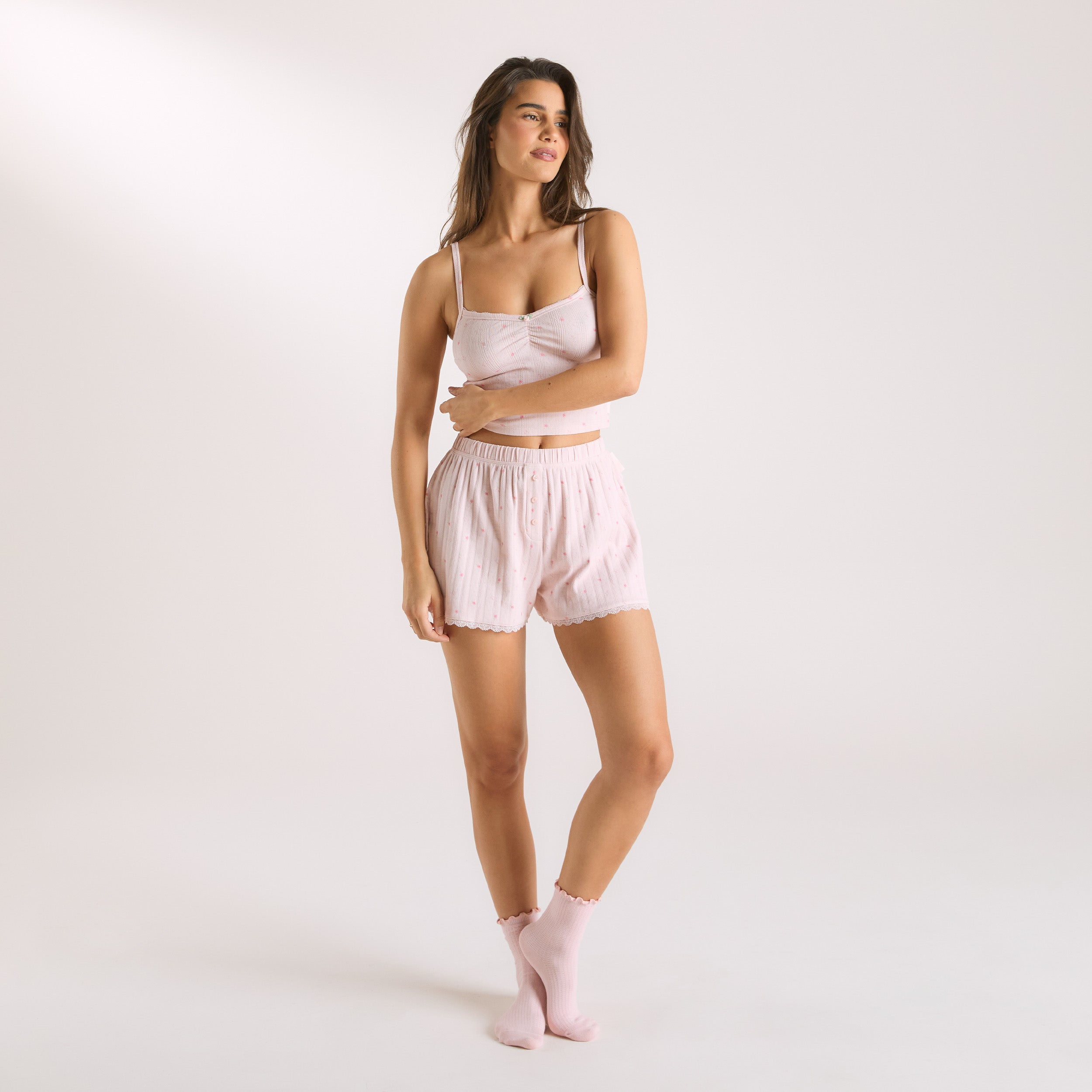 Pointelle Pajama Shorts for Women - Soft Pink Floral Sleepwear Set, Comfortable Lounge Shorts for Summer Night, Bedtime & Relaxing at Home