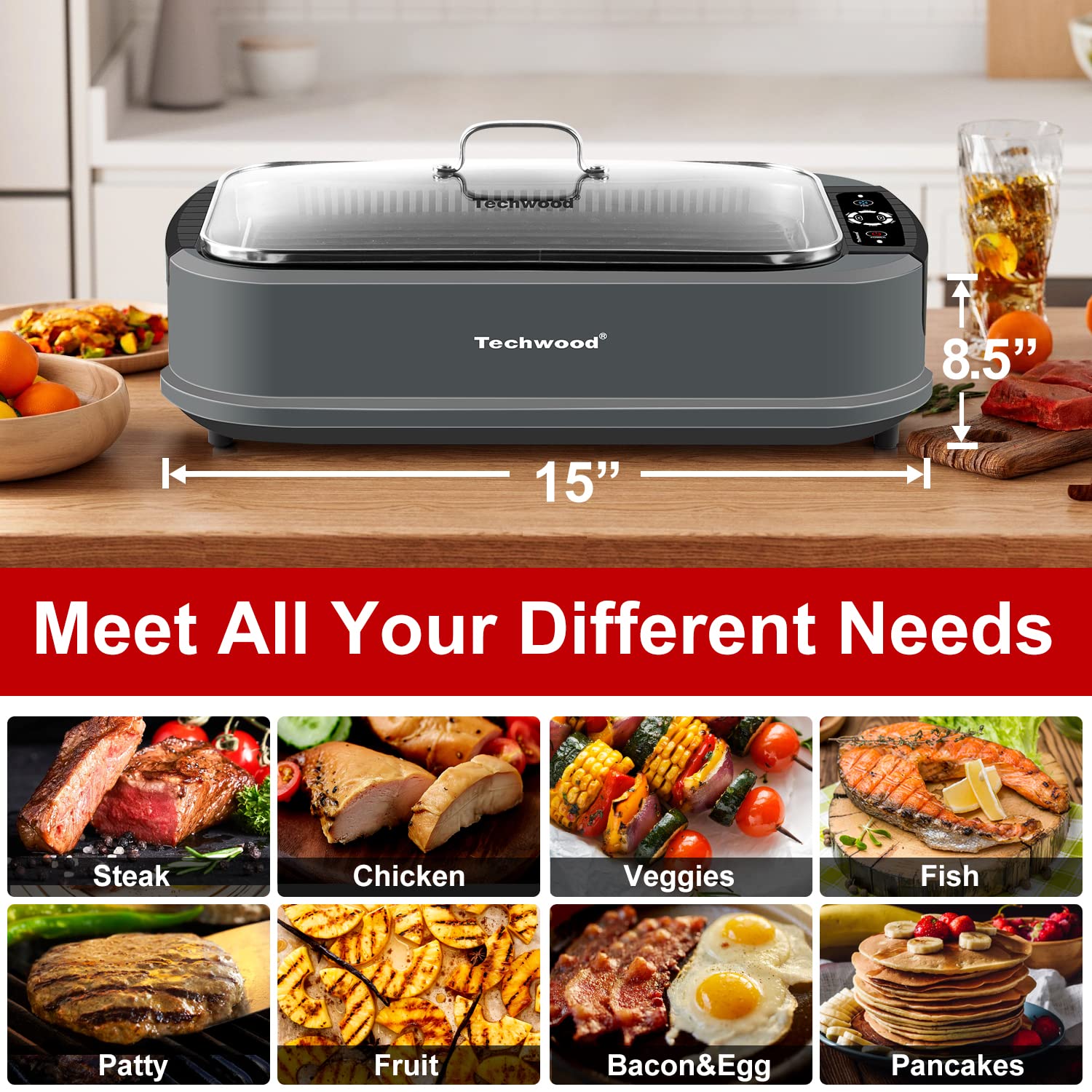Techwood 1500W Electric Smokeless Indoor Grill - Korean BBQ Tabletop Grill with Tempered Glass Lid, Removable Grill & Griddle Plates, Drip Tray - Perfect for Home Cooking, Family Gatherings & Healthy Meals (Gray)