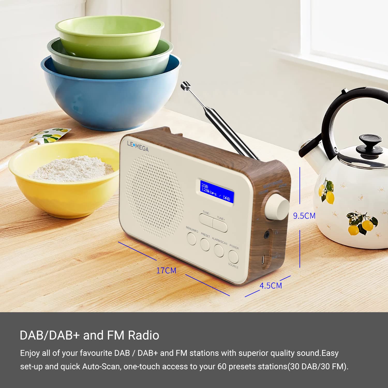LEMEGA PR2 Portable Digital Dab/Dab+ FM Radio with Alarm Clock, 40 Preset Stations, Headphone Jack - Compact Pocket Size for Travel, Home, Office - Battery or Mains Powered (Walnut)