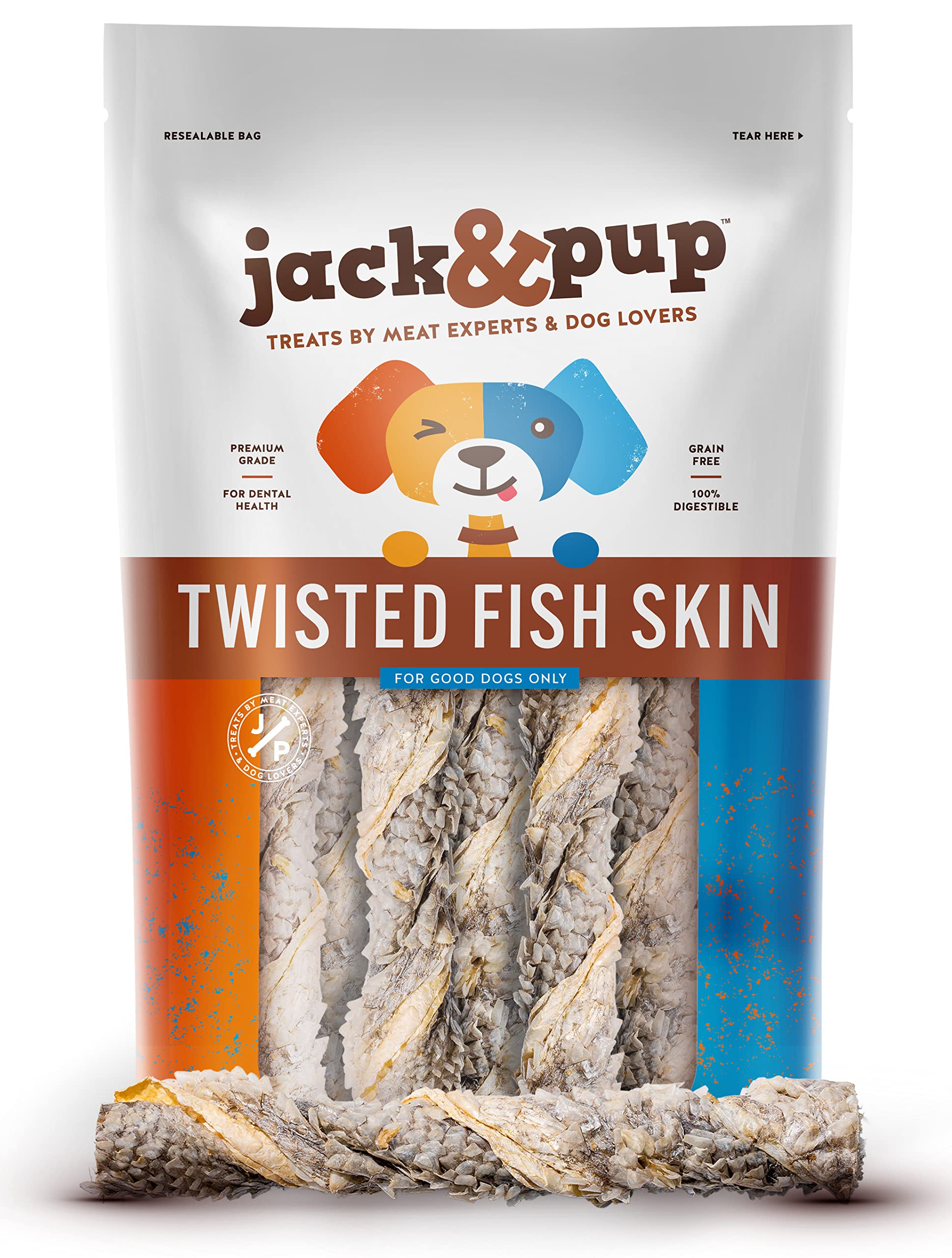 Jack&Pup Single Ingredient Fish Skin Dog Treats | All Natural Omega-3 Rich Chews for Puppies & Adult Dogs (18 Pack) | Healthy Training Rewards & Dental Snacks for Pets