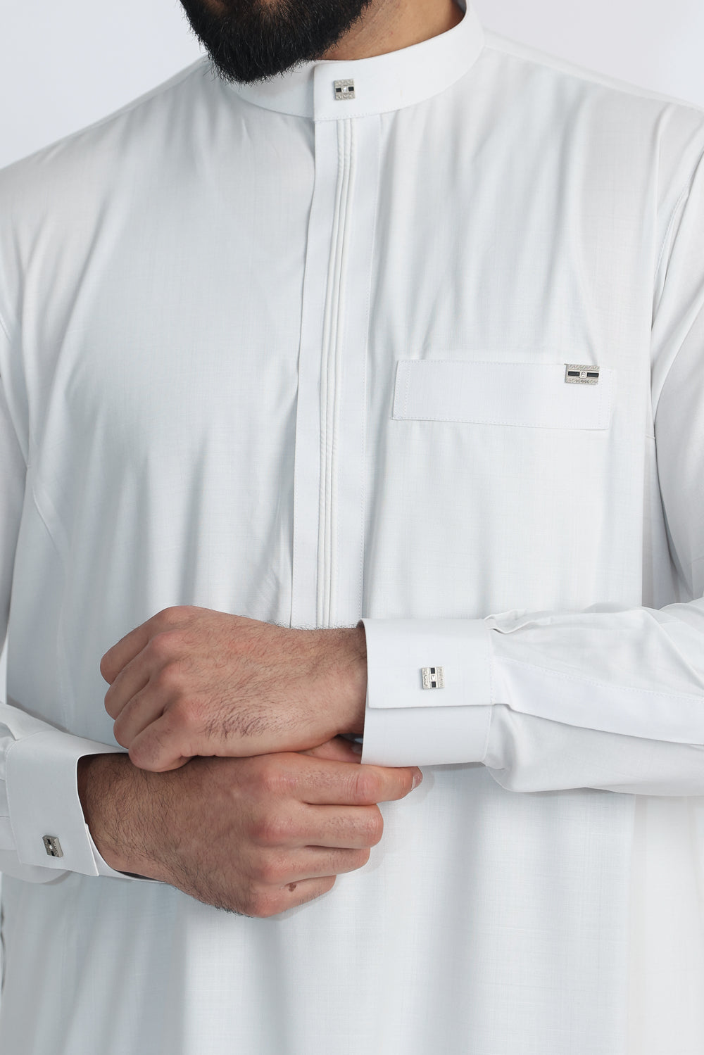 J119 White Smoke Collar Thobe for Men - Premium Embroidered Arabic Robe - Perfect for Eid, Ramadan & Special Occasions