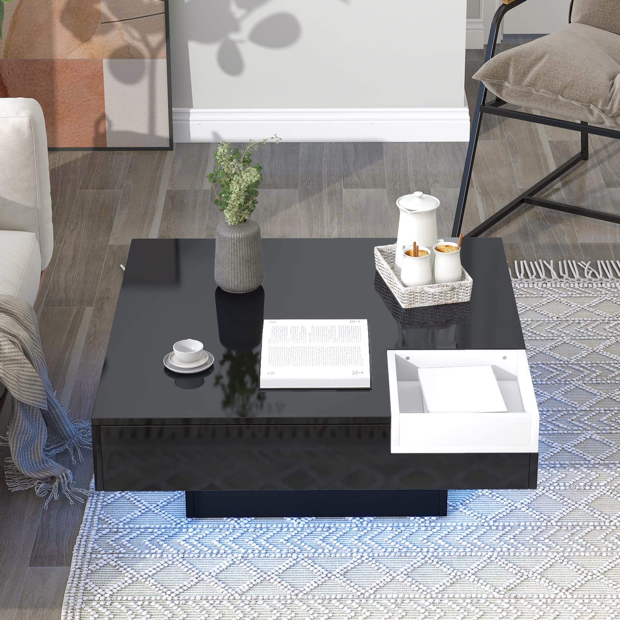Modern Square Wood Coffee Table with Multi-Color LED Lights & Remote Control - Detachable Functional Tray for Living Room, Office, Waiting Area - Perfect for Home Decor, Entertainment & Workspace (Black)