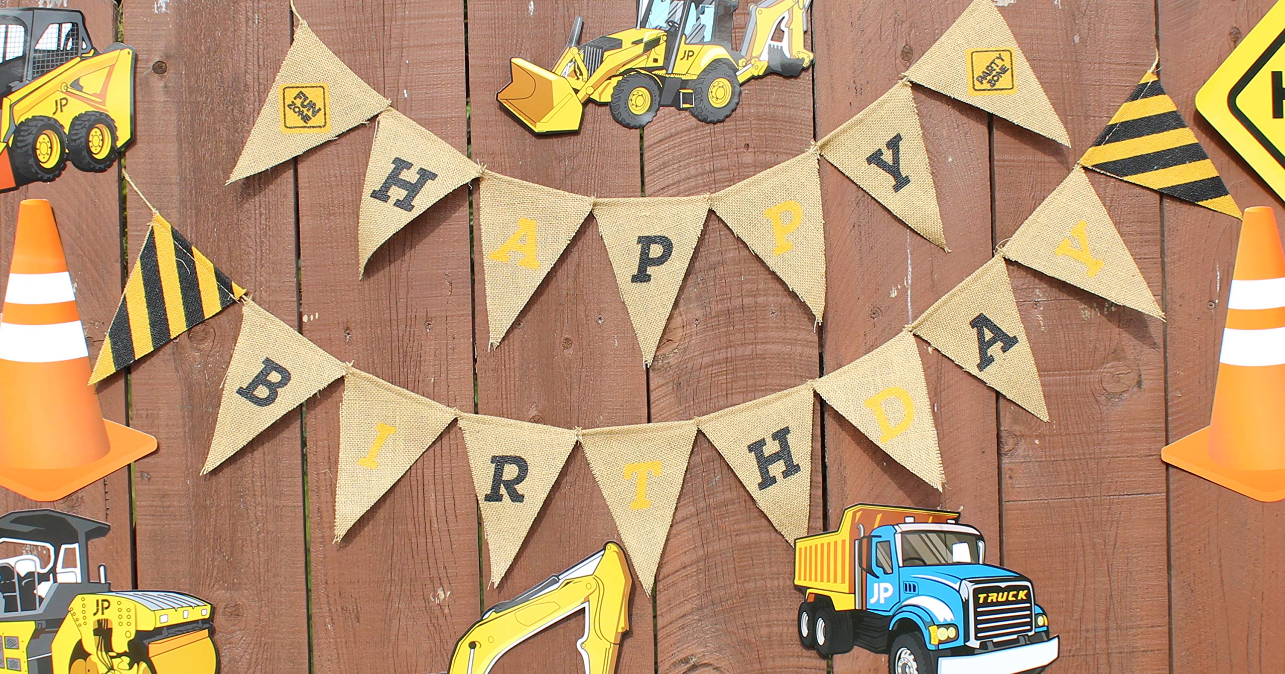 Happy Birthday Burlap Banner Pennants - Pre-Assembled Construction Zone Party Decor for Boys, Girls & Adults | Perfect for Construction Themed Birthday Parties, Baby Showers & Work Celebrations