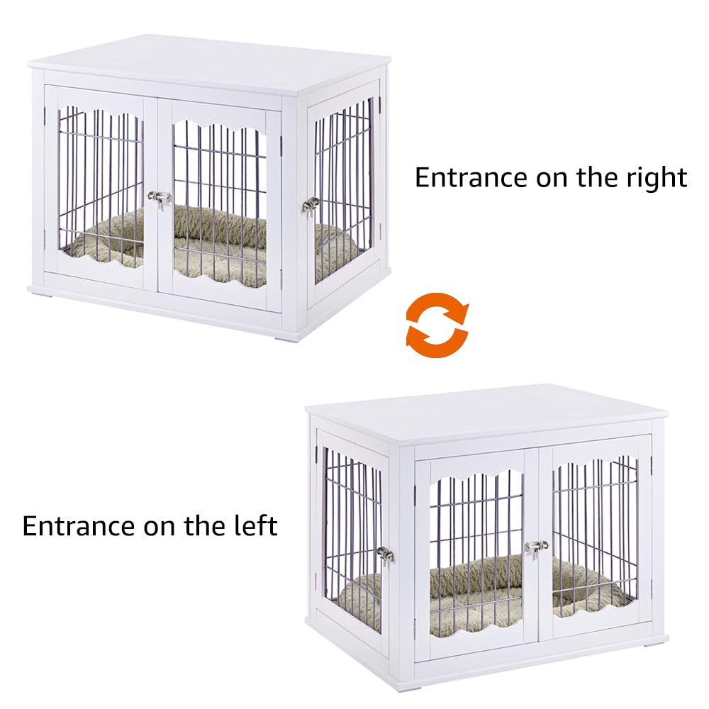 Unipaws White Wooden Dog Crate for Medium Dogs - Modern Furniture Style Indoor Pet Kennel with Wire Design, Decorative Puppy House & Multi-Functional End Table/Nightstand - Perfect for Living Room, Bedroom or Office Spaces