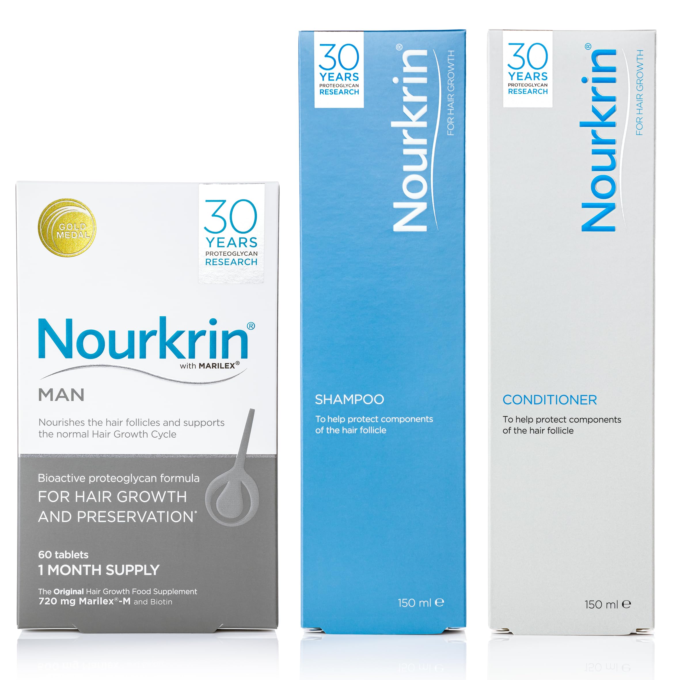 Nourkrin Man Hair Growth Supplement - 180 Tablets with Shampoo & Conditioner Set | Clinically Proven for Thicker Hair | Perfect for Men's Daily Hair Care Routine