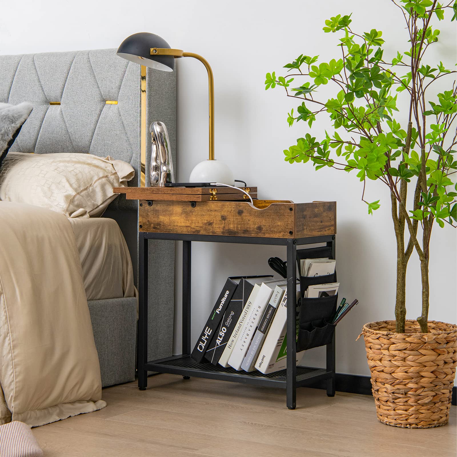 POWERSTONE 2-Piece Side Table Set with Charging Station & USB Ports - Flip Top End Table, Rustic Nightstand with Shelf & Fabric Bags - Narrow Bedside Table for Living Room, Bedroom - Perfect for Small Spaces & Device Charging