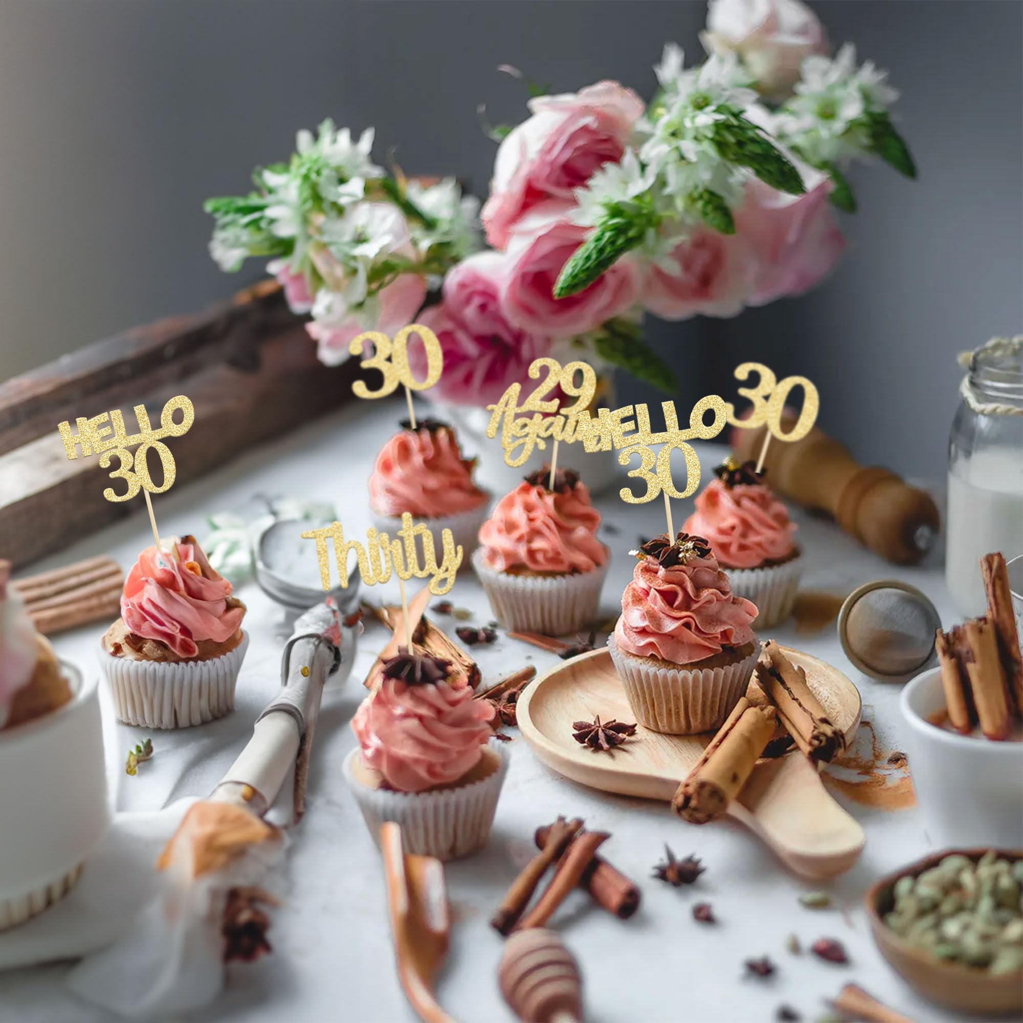 24Pcs Gold Glitter 30th Birthday Cupcake Toppers - Hello 30 Cake Decorations, Again 29 & Thirty Cupcake Picks for 30th Birthday Party, Anniversary, Milestone Celebration - Perfect for Cake Decorating Supplies & Dessert Table Displays