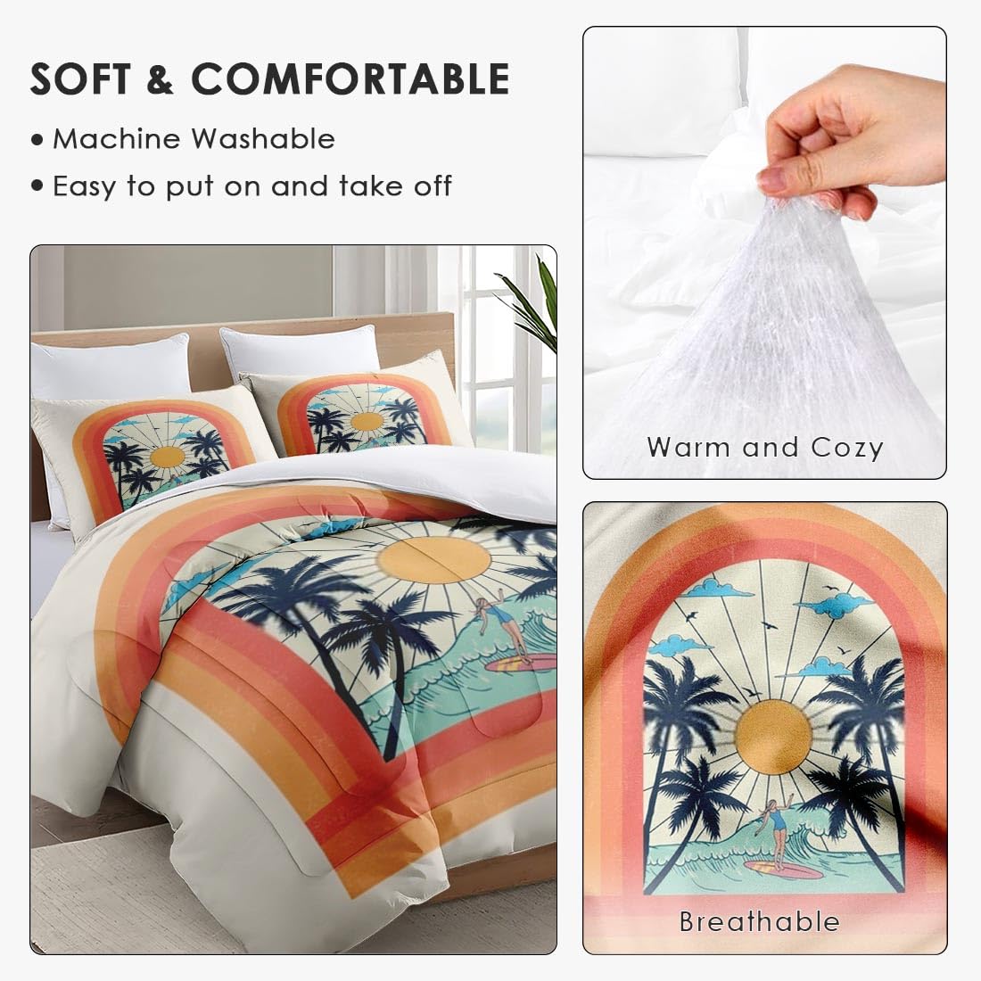 Queen Size Comforter Set - Tropical Palm Beach Summer Bedding for Kids & Adults, Soft Tree Sunset Surfboard Design with 2 Pillowcases - Perfect for Bedroom Decor, Guest Rooms & Vacation Homes
