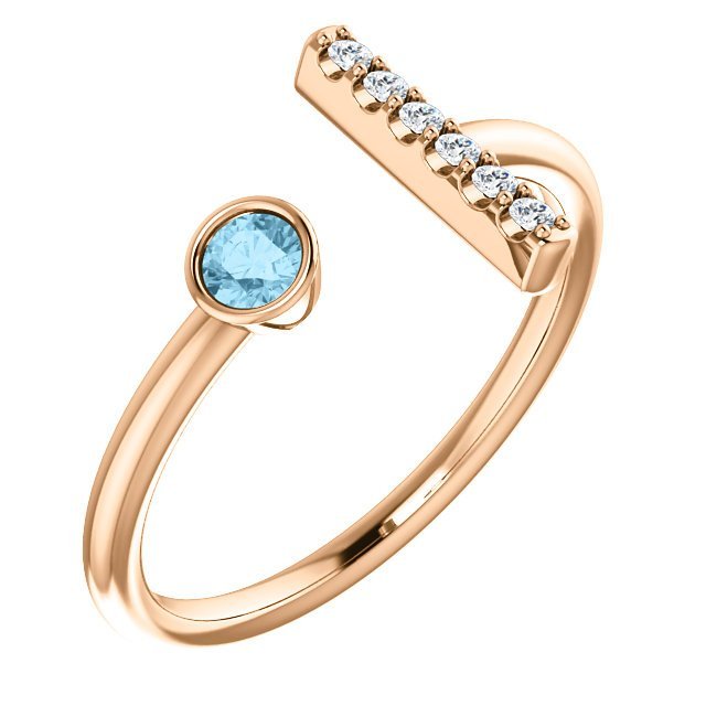 14K Gold 0.10ct Aquamarine & 0.06ct Diamond Bar Ring for Women - Elegant Stackable Jewelry for Engagement, Anniversary & Everyday Wear