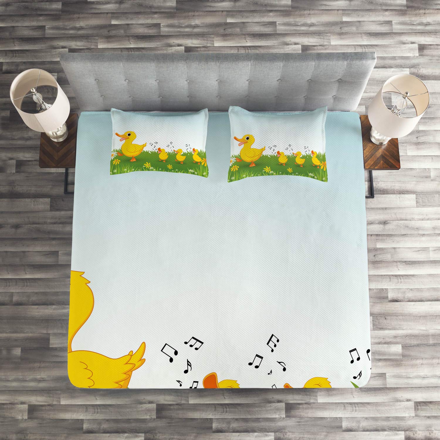 Ambesonne Cartoon Duvet Cover Set - King Size 3 Piece Quilted Bedspread with 2 Pillow Shams, Mother Duck & Baby Ducks Walking Singing Meadow Floral Design in Mustard & Pale Blue - Cozy Nursery Decor, Kids Room Bedding, Gift for New Parents