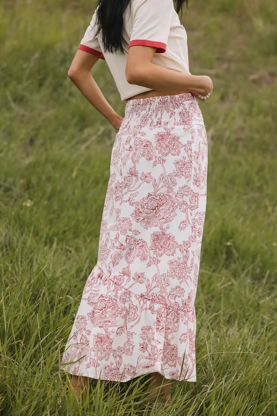 Bastien Floral Skirt in Rust - Women's Boho Midi Skirt with Elastic Waist | Perfect for Summer Outfits, Beach Vacations & Casual Wear