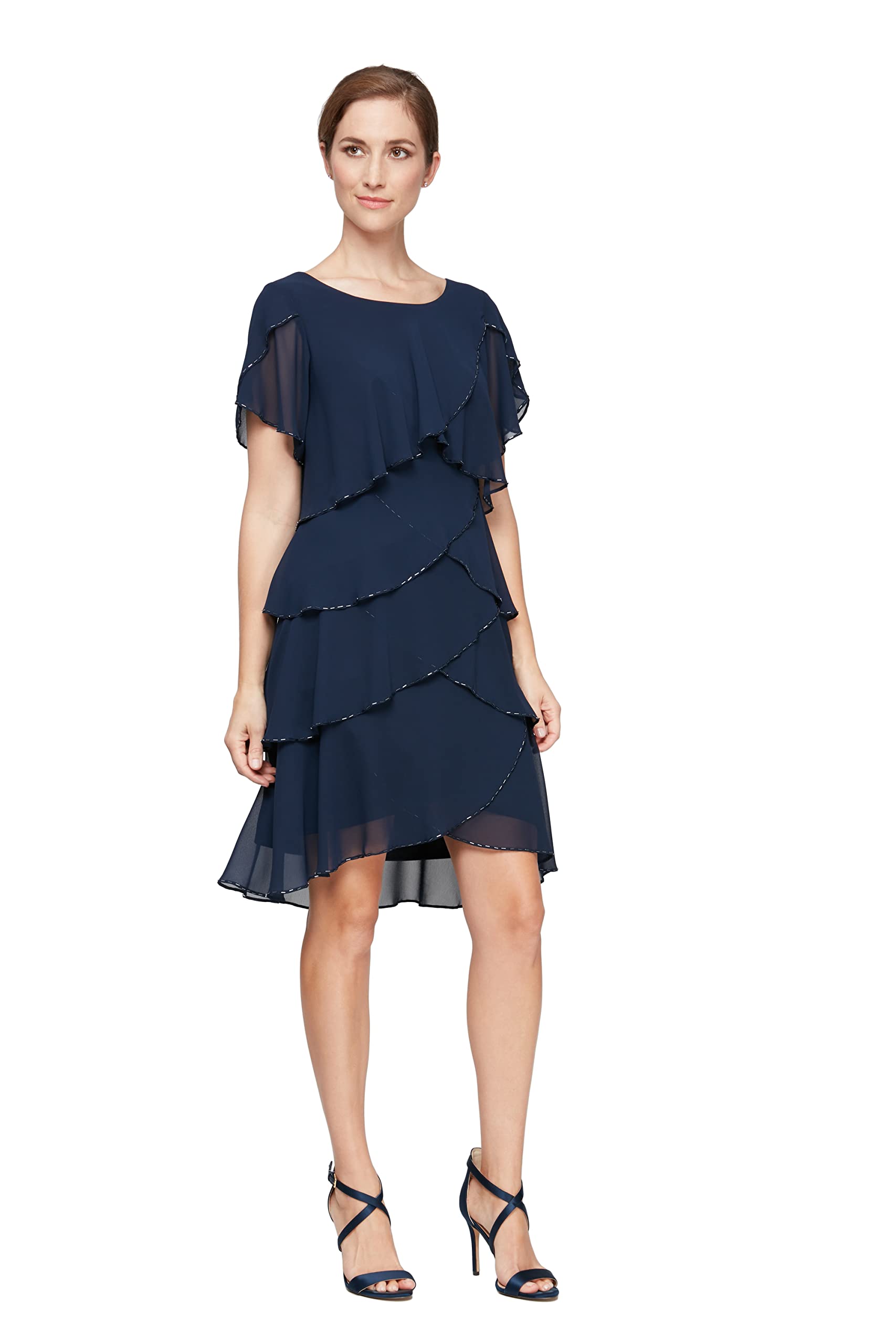 S.L. Fashions Women's Elegant Short Tulip Sleeve Tiered Chiffon Cocktail Dress for Wedding Guest, Party & Special Occasions - Available in Petite and Regular Sizes
