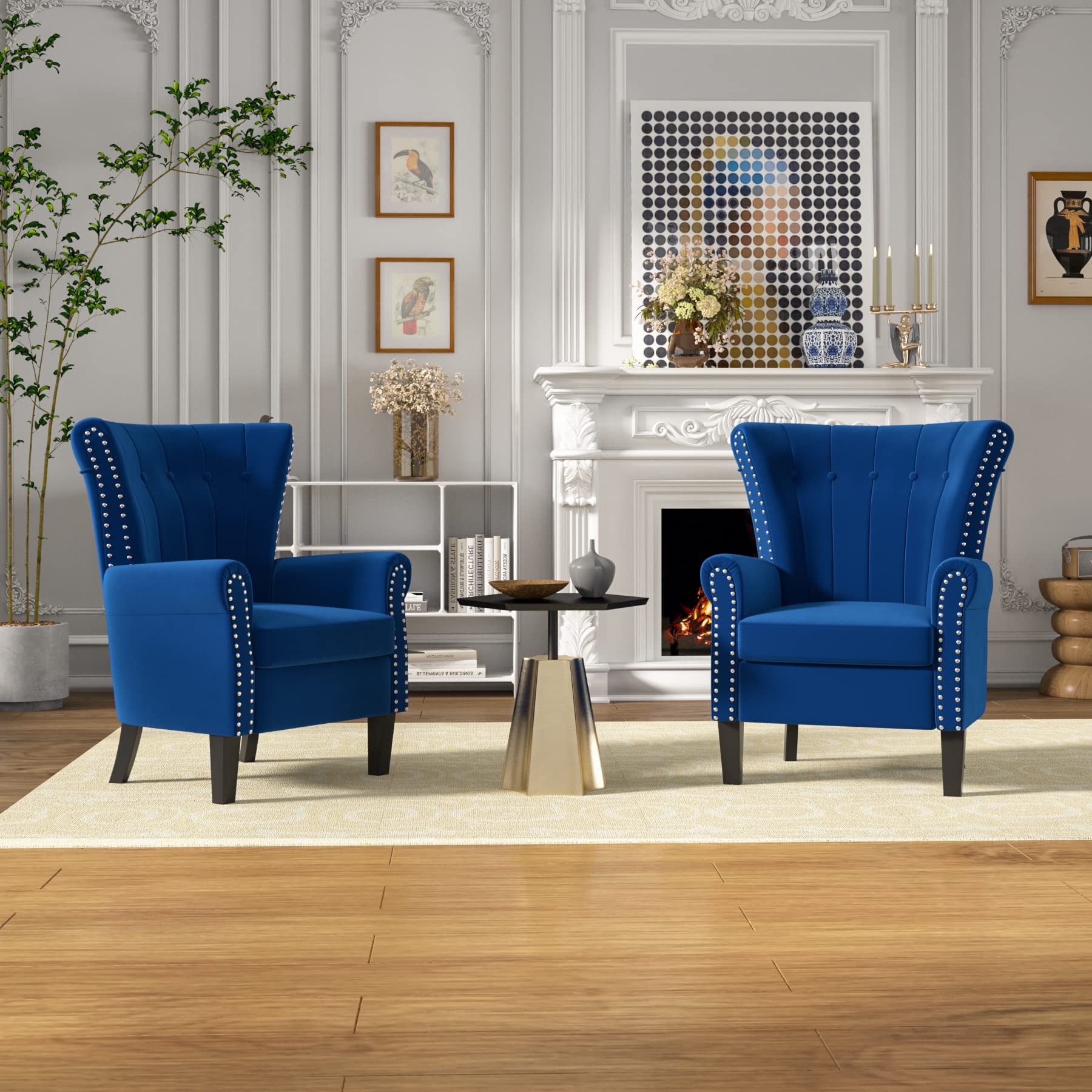 Velvet Tufted Wingback Armchair with Wood Legs for Living Room & Bedroom - Blue