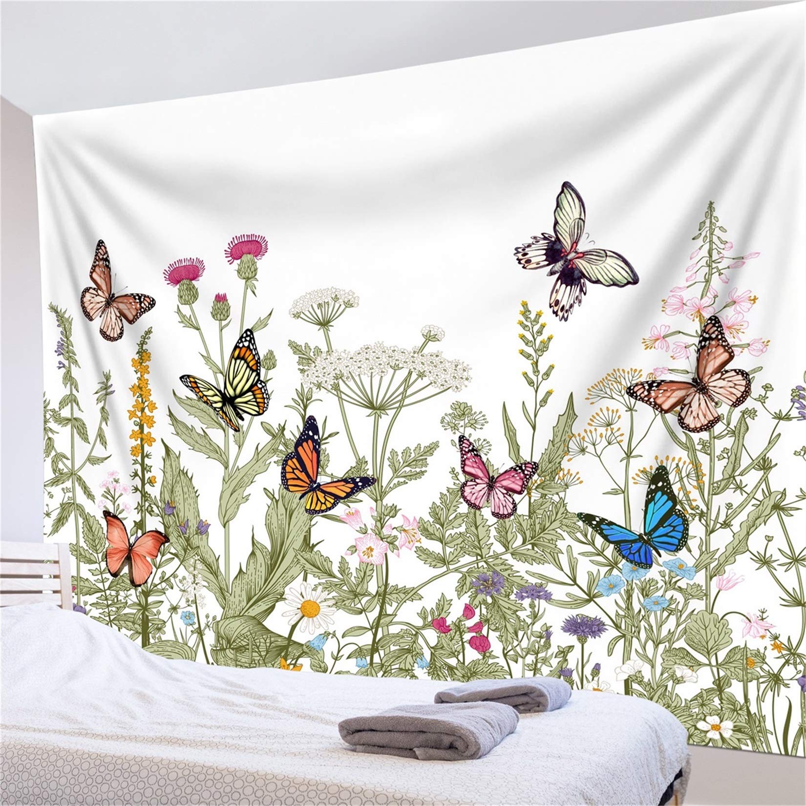 Leaf Butterfly Tapestry Wall Hanging - Sage Green Floral Decor for Bedroom & Living Room (92.5x72.9 In) - Perfect for Boho & Spring Home Decor