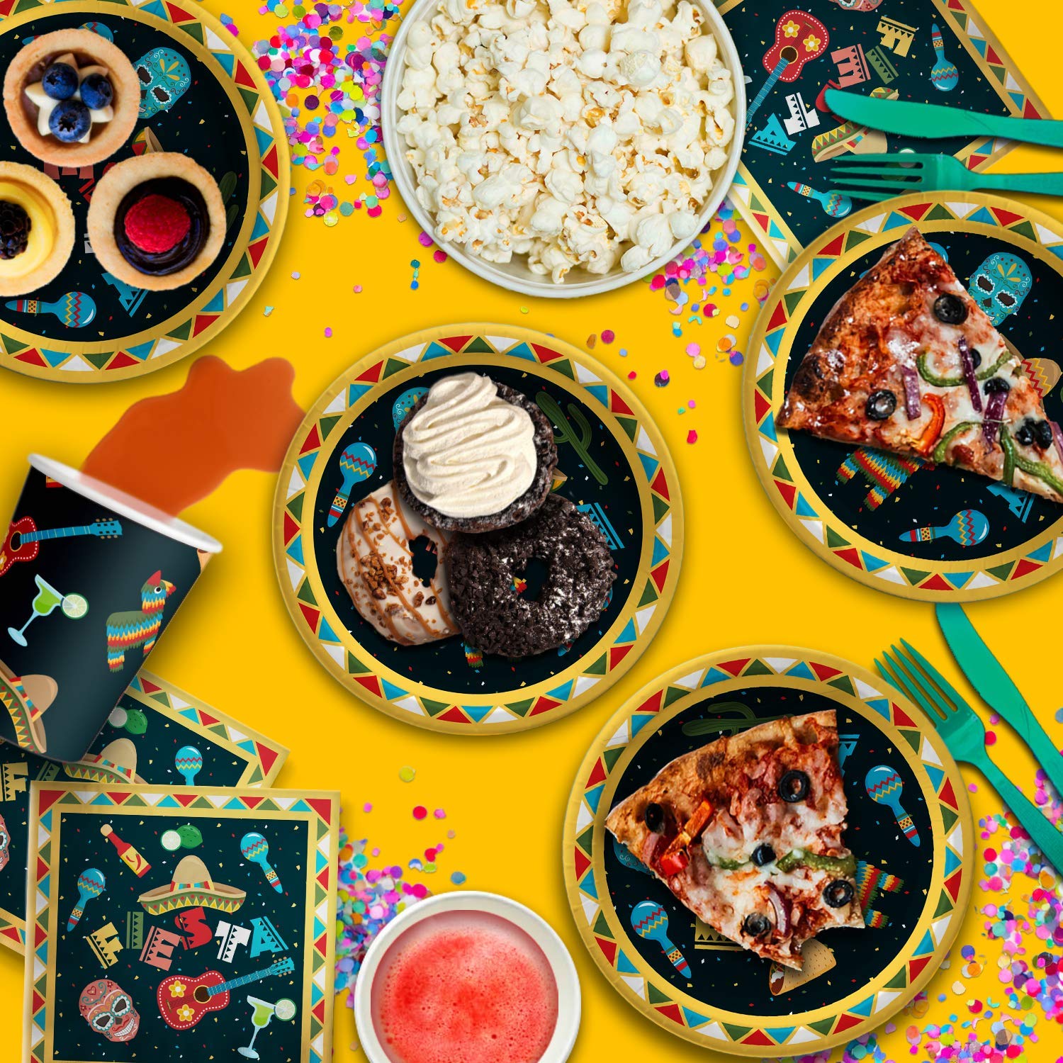 Mexican Fiesta Party Supplies - 16-Piece Taco Plate Set with Napkins & Cups | Taco Themed Dinnerware for Cinco de Mayo, Birthday Parties & Family Gatherings