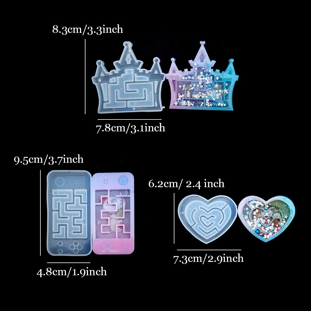 iSuperb 7-Piece Resin Shaker Molds Set - Creative Maze & Heart Shaped Silicone Molds for DIY Quicksand Art, Epoxy Casting with 60 Colorful Beads - Perfect for Jewelry Making, Keychains & Craft Projects (7 Molds + 60 Beads)