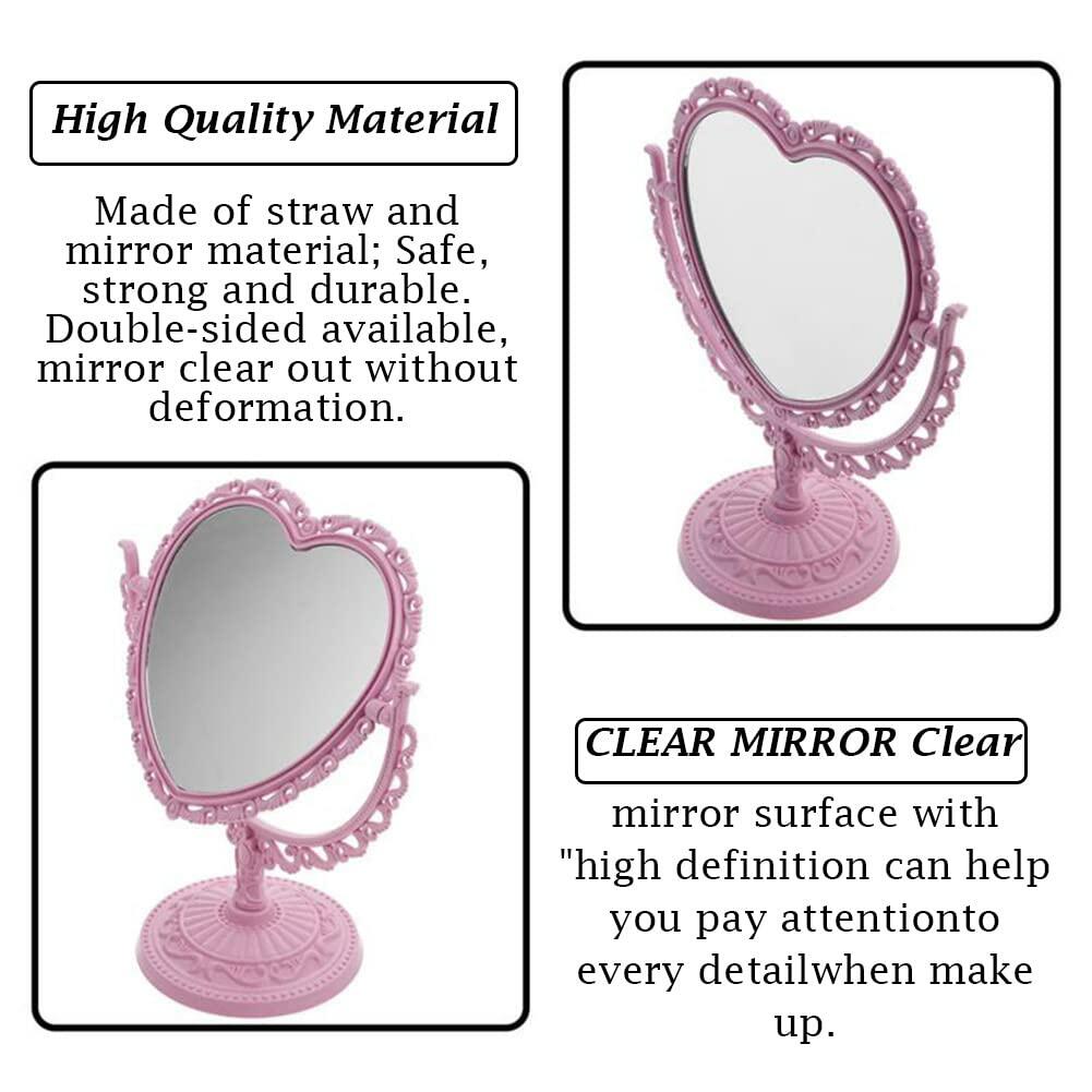 1 Pack Heart Shaped Cosmetic Mirror - Double Sided Pink Plastic Makeup Mirror with Stand, Portable Travel Vanity Mirror for Home, Bathroom, Dorm & Purse (Cute Gift for Women & Girls)