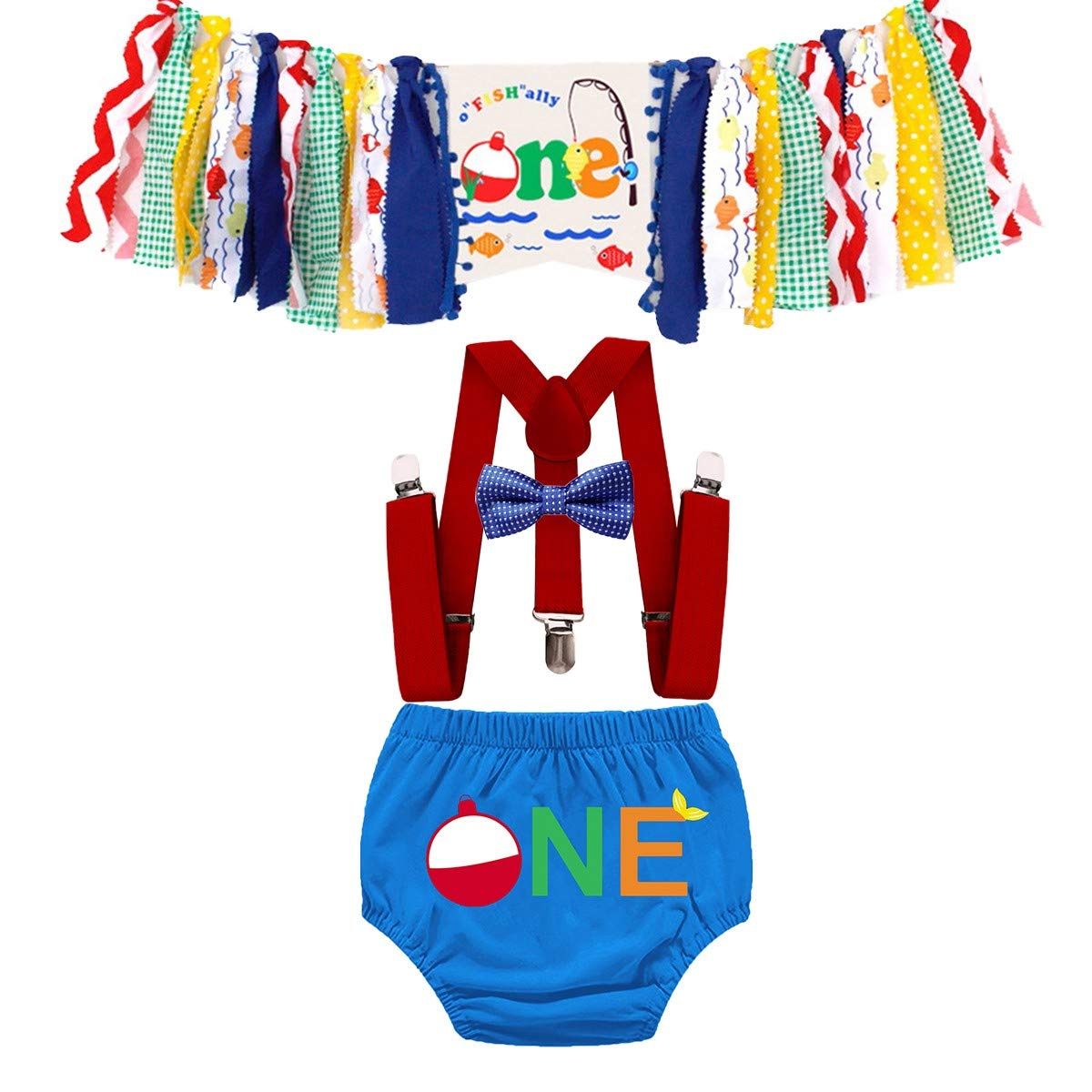 Baby Officially One Birthday Outfit - Cake Smash Photo Props with Suspenders & Bow Tie Set - High Chair Banner Decorations - Perfect for 1st Birthday Photoshoots & Party Celebrations