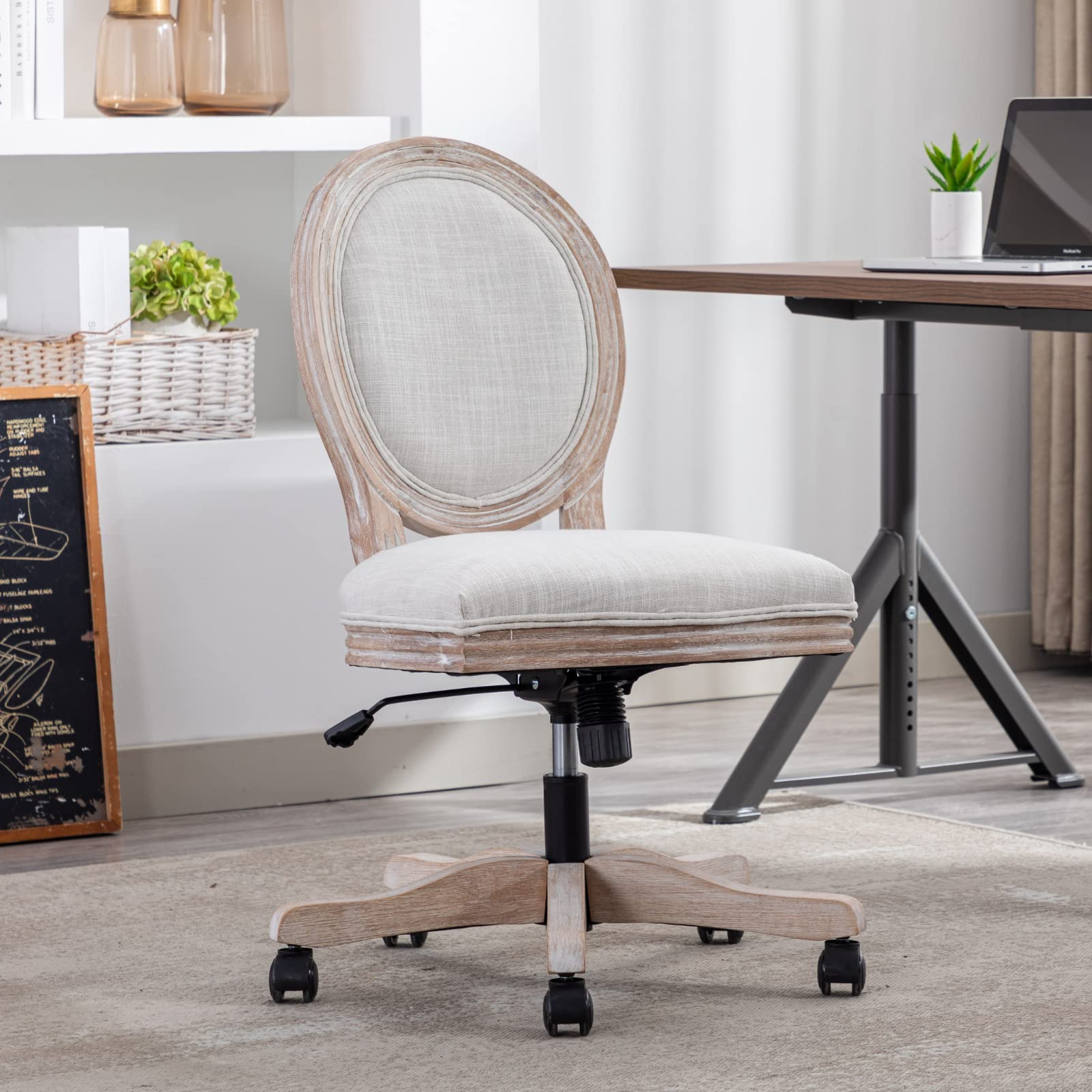 HEAH-YO Armless Vintage Linen Office Chair - Mid Back Support Rolling Desk Chair with Wheels, Swivel Vanity Chair for Home Office, Bedroom & Dressing Room - Beige Fabric Ergonomic Seating for Work, Study & Makeup