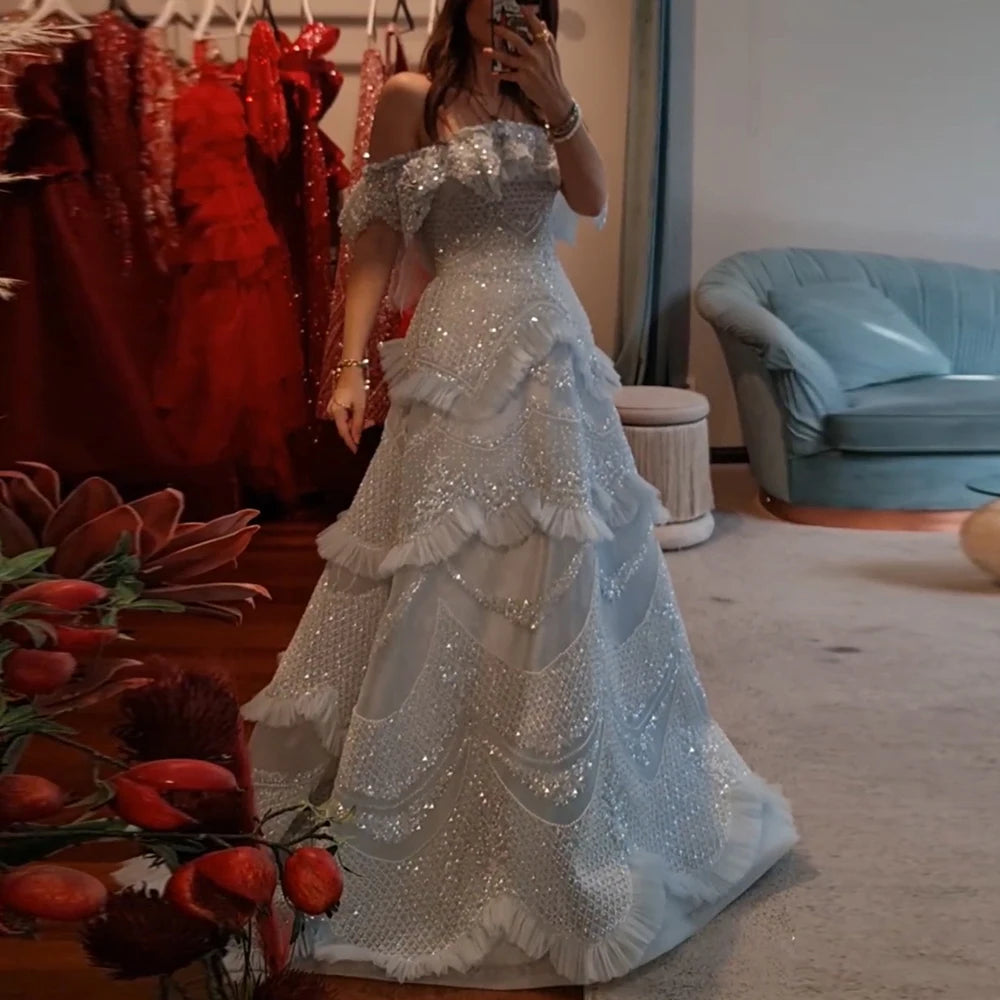 Luxury Dubai Arabic Gray A-Line Off-The-Shoulder Beaded Saudi Evening Gown LA72762 for Formal Events, Weddings & Red Carpet Occasions