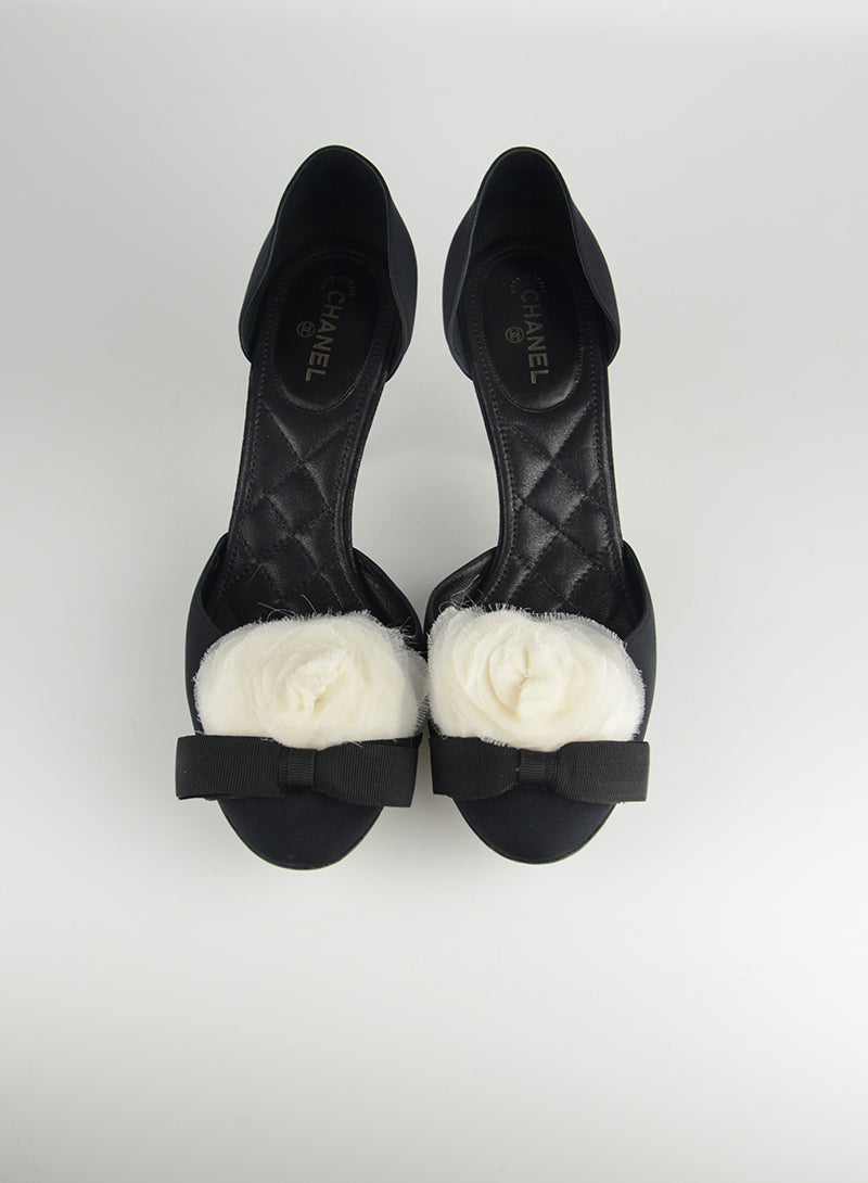 Chanel Black Fabric Décolléte Shoes with Camelia - Size 40.5 | Luxury Women's Flats for Evening Parties & Special Occasions