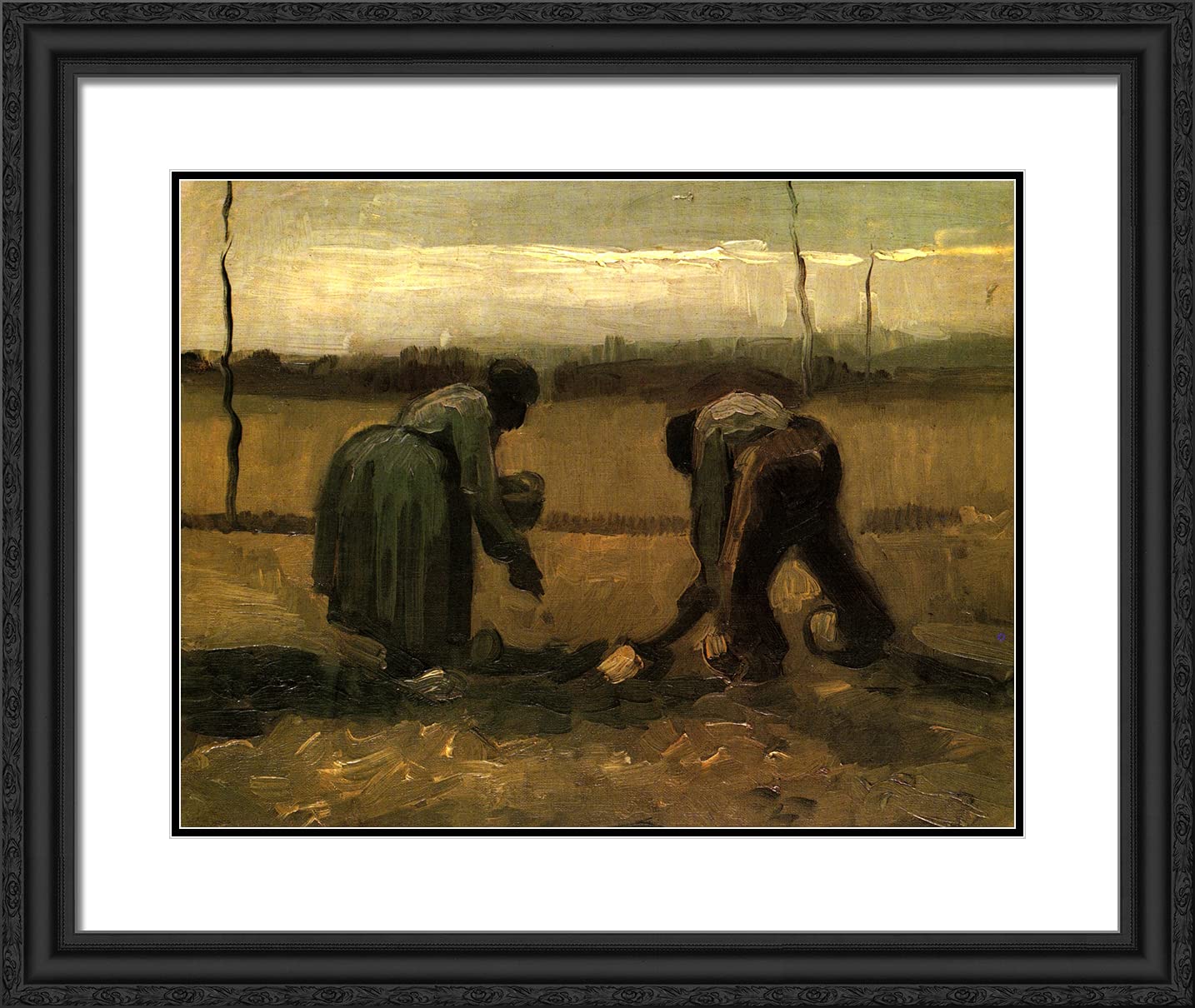 Van Gogh Peasant and Peasant Woman Planting Potatoes Framed Art Print - 24x20 Inch Black Ornate Frame with Double Matting - Wall Decor for Living Room, Office & Gallery Display