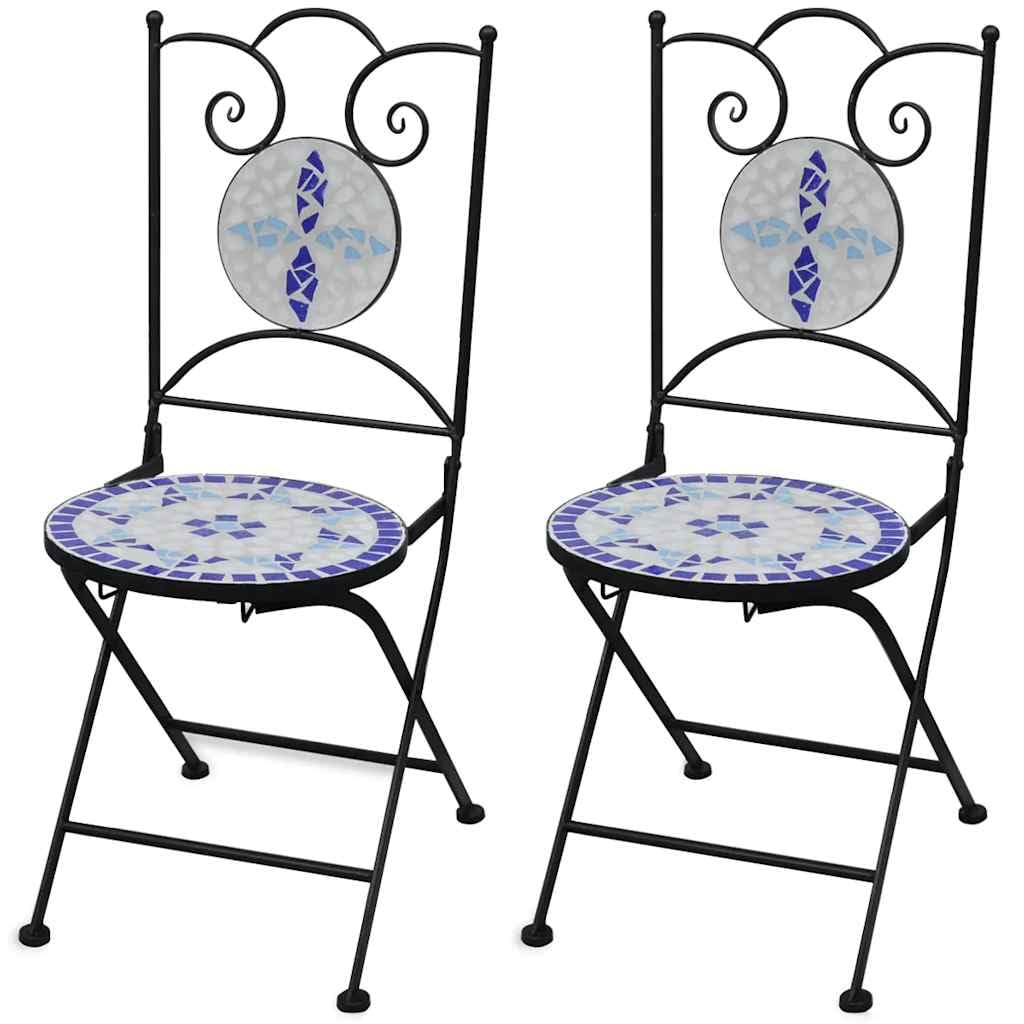 vidaXL Set of 2 Folding Bistro Chairs with Blue & White Ceramic Mosaic Design - Durable Iron Frame Outdoor Patio Furniture for Garden, Balcony, and Poolside Relaxation
