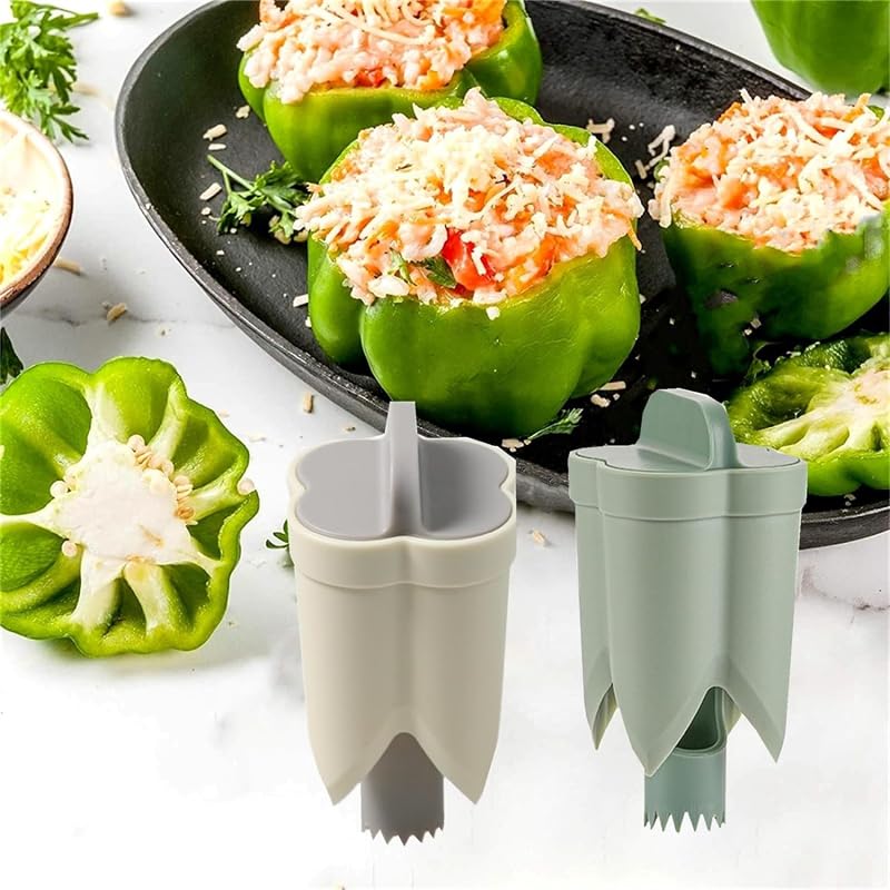 2 in 1 Bell Peppers Seed Core Remover & Jalapeno Corer - Stainless Steel Vegetable & Fruit Coring Tool for BBQ, Cooking, Meal Prep - Quick Core Remover for Green Peppers, Jalapenos, Tomatoes (1x Green)