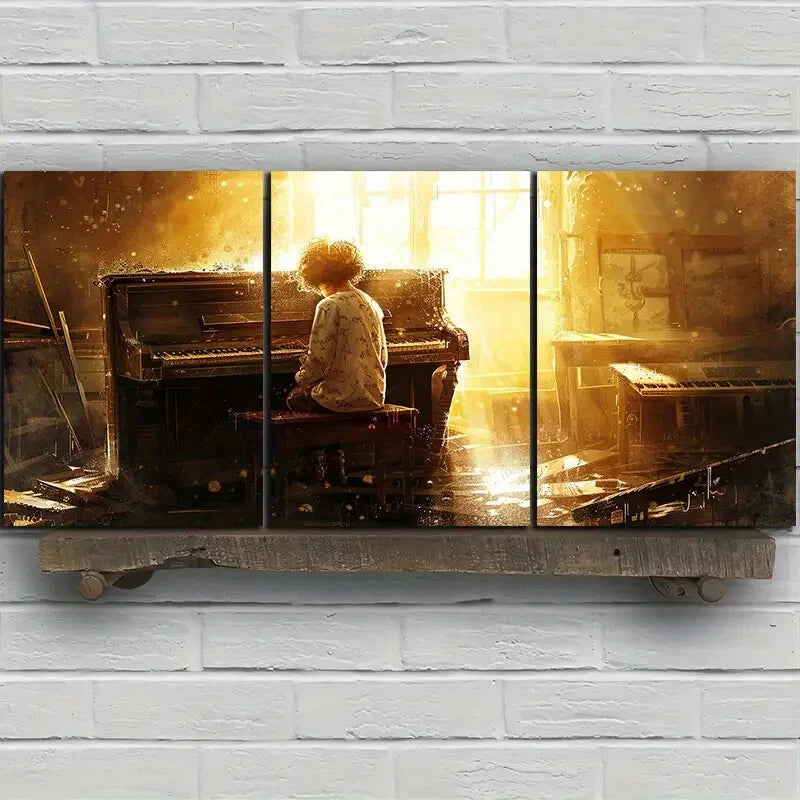 3-Piece Metal Wall Art Print - Little Boy Playing Piano - Ready to Hang Home Decor for Nursery, Bedroom & Living Room