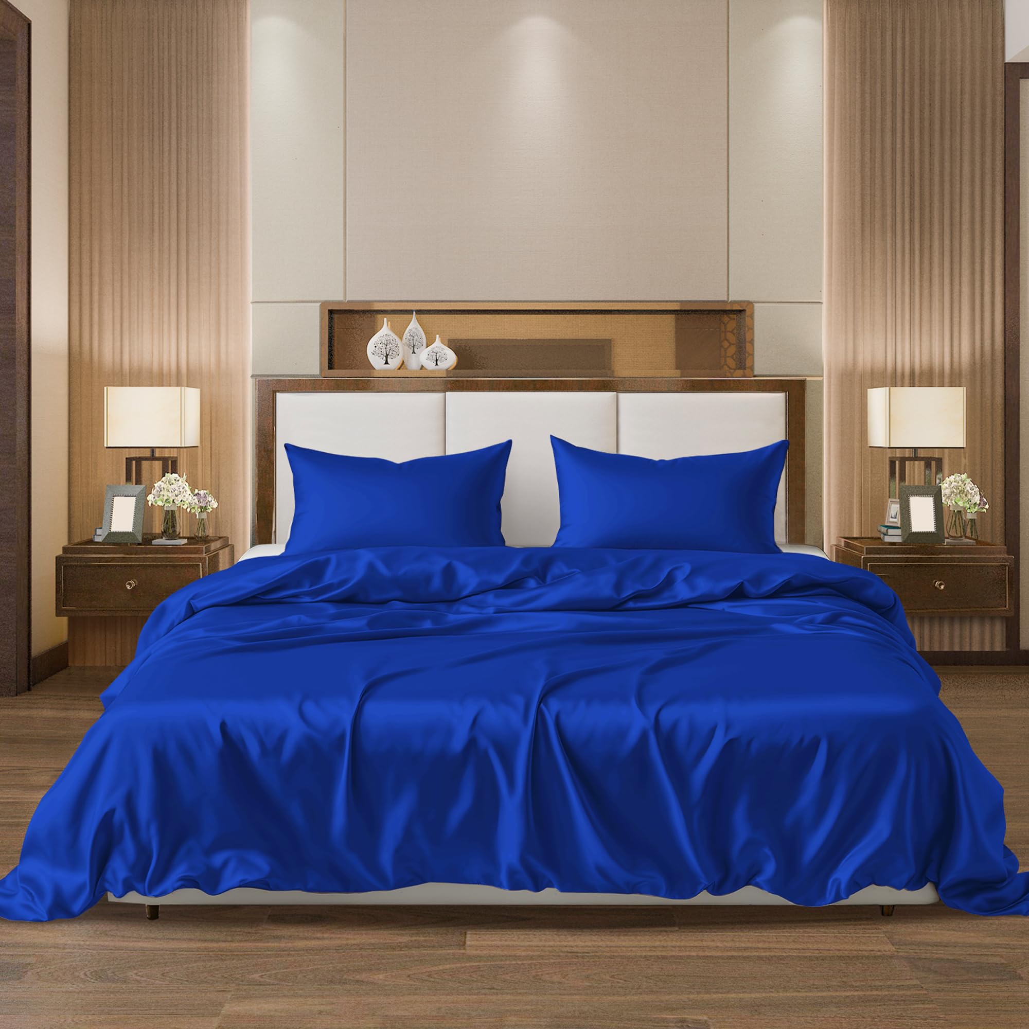 Ahmedani 6-Piece Queen Size Satin Bedding Set - Navy Blue Luxury Duvet Cover, Fitted Sheet & 4 Pillowcases - Soft & Breathable for Comfortable Sleep - Perfect for Master Bedroom, Guest Room & Hotel Use