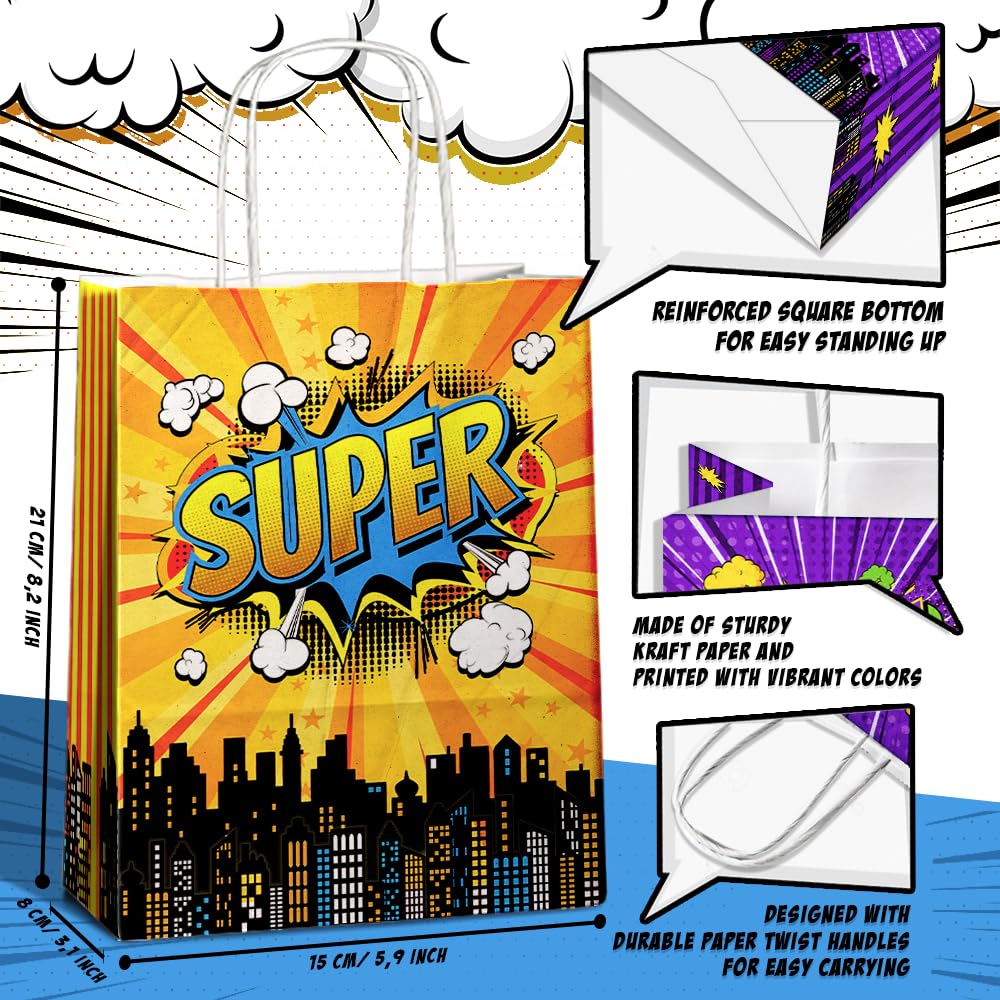 24 Pcs Hero Party Favor Bags with Handles - Comic Hero Theme Goodie Bags for Kids Birthday Party, Baby Shower & Special Events | Kraft Paper Gift Bags with Handles for Candy, Treats & Party Supplies | Perfect for Superhero Themed Decorations & Party Favors