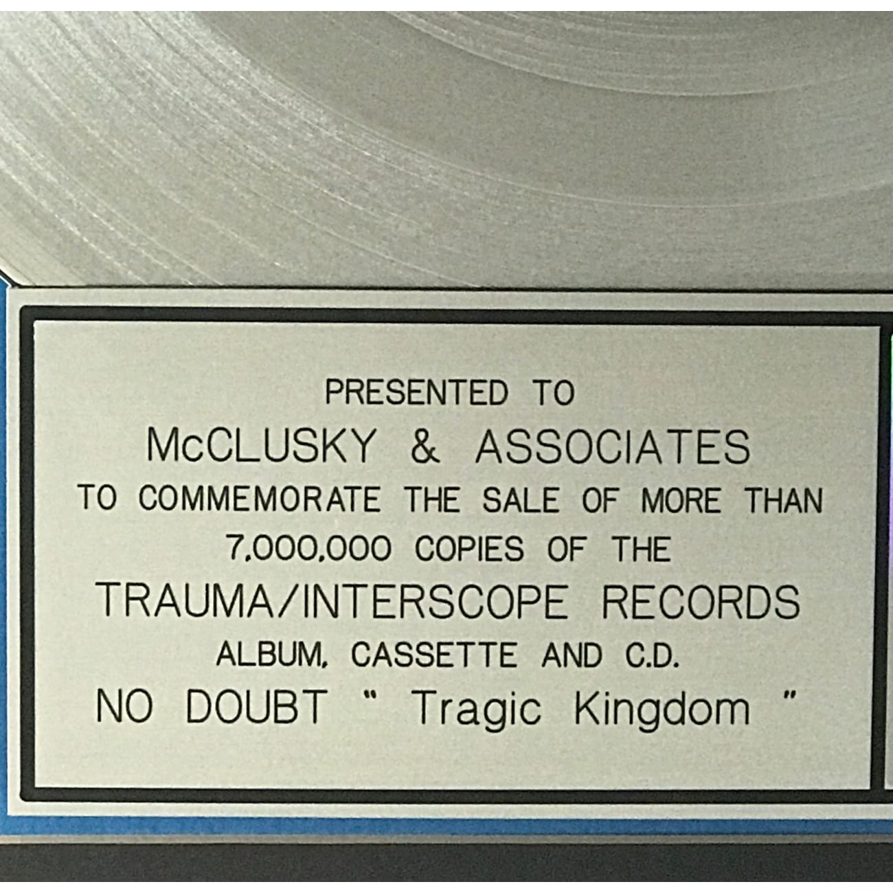 No Doubt Tragic Kingdom RIAA 7x Multi Platinum Album Award - Certified Music Collectible for Fans & Display