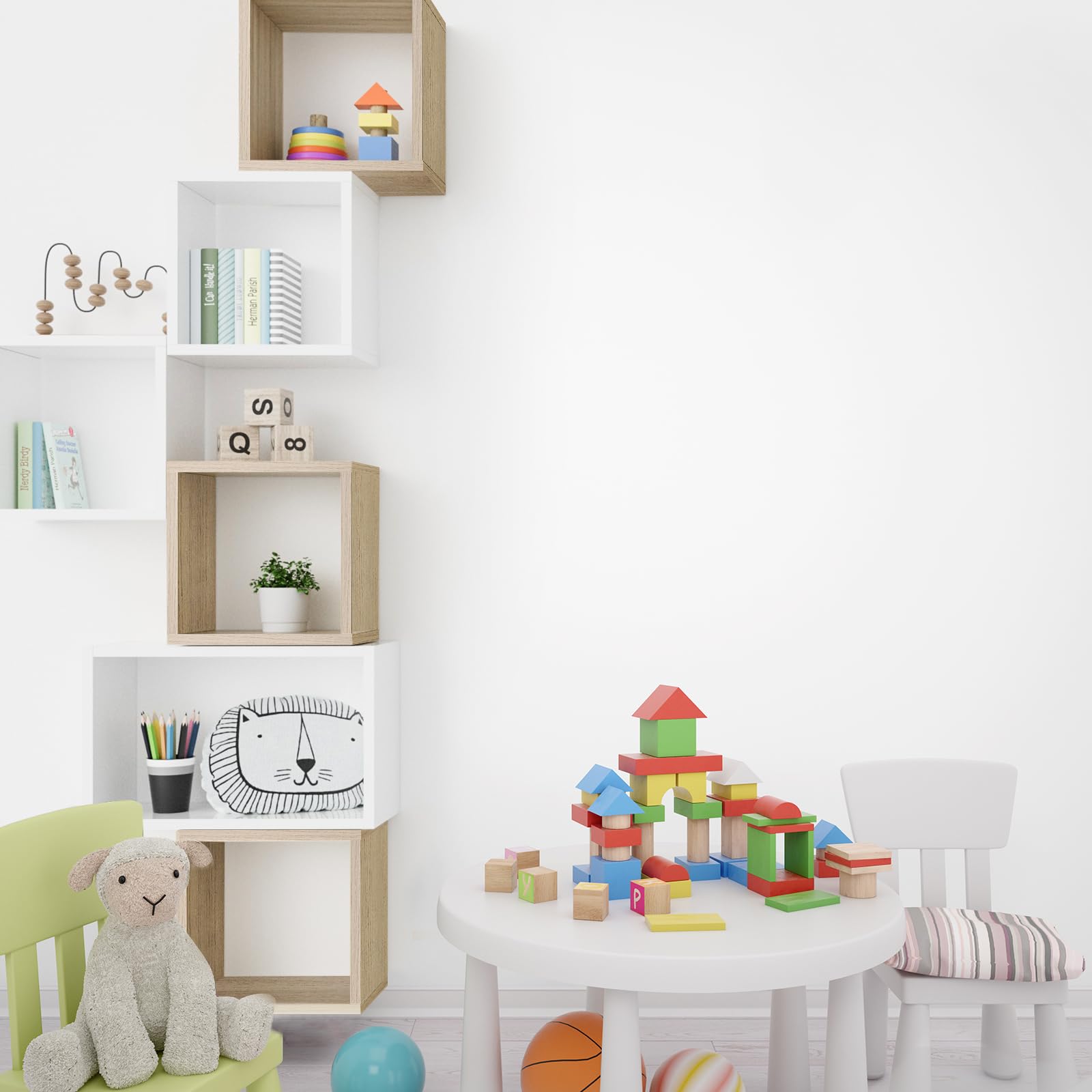Kaboon Wall Mount Shelf Set of 4 - Floating Cube Shelves for Home & Office Decor - Large Size Oak Wood Shelving Unit - Perfect for Living Room, Bedroom, Kitchen & Commercial Spaces