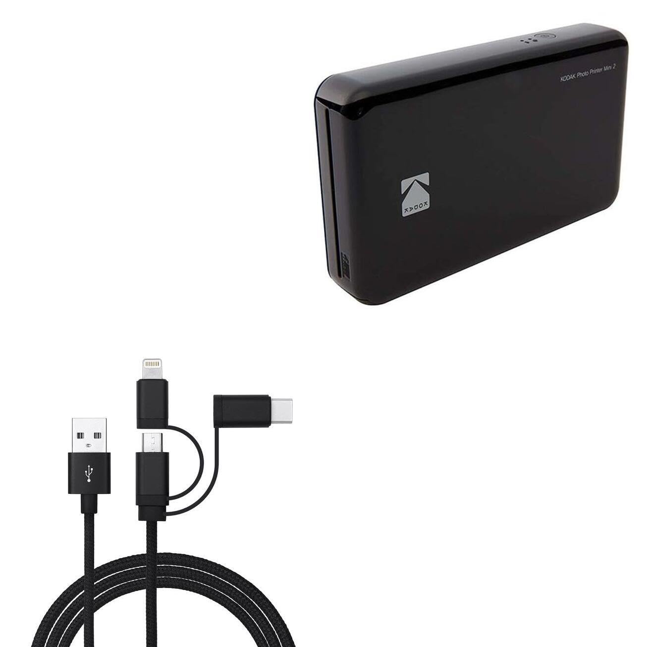 BoxWave AllCharge 3-in-1 Cable for Kodak Mini 2 Instant Photo Printer - USB C, Micro USB & Lightning Charging Cable - Jet Black - Perfect for Travel, Home & Office Use