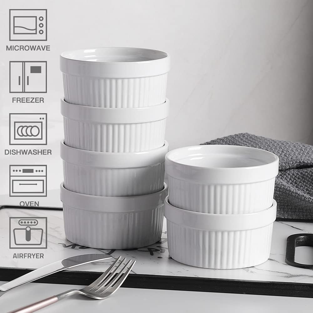 Sweejar 8 oz Ceramic Ramekins Set of 6 - White Baking Dishes for Souffle, Pudding, Creme Brulee, Custard | Perfect for Oven, Microwave & Dessert Serving