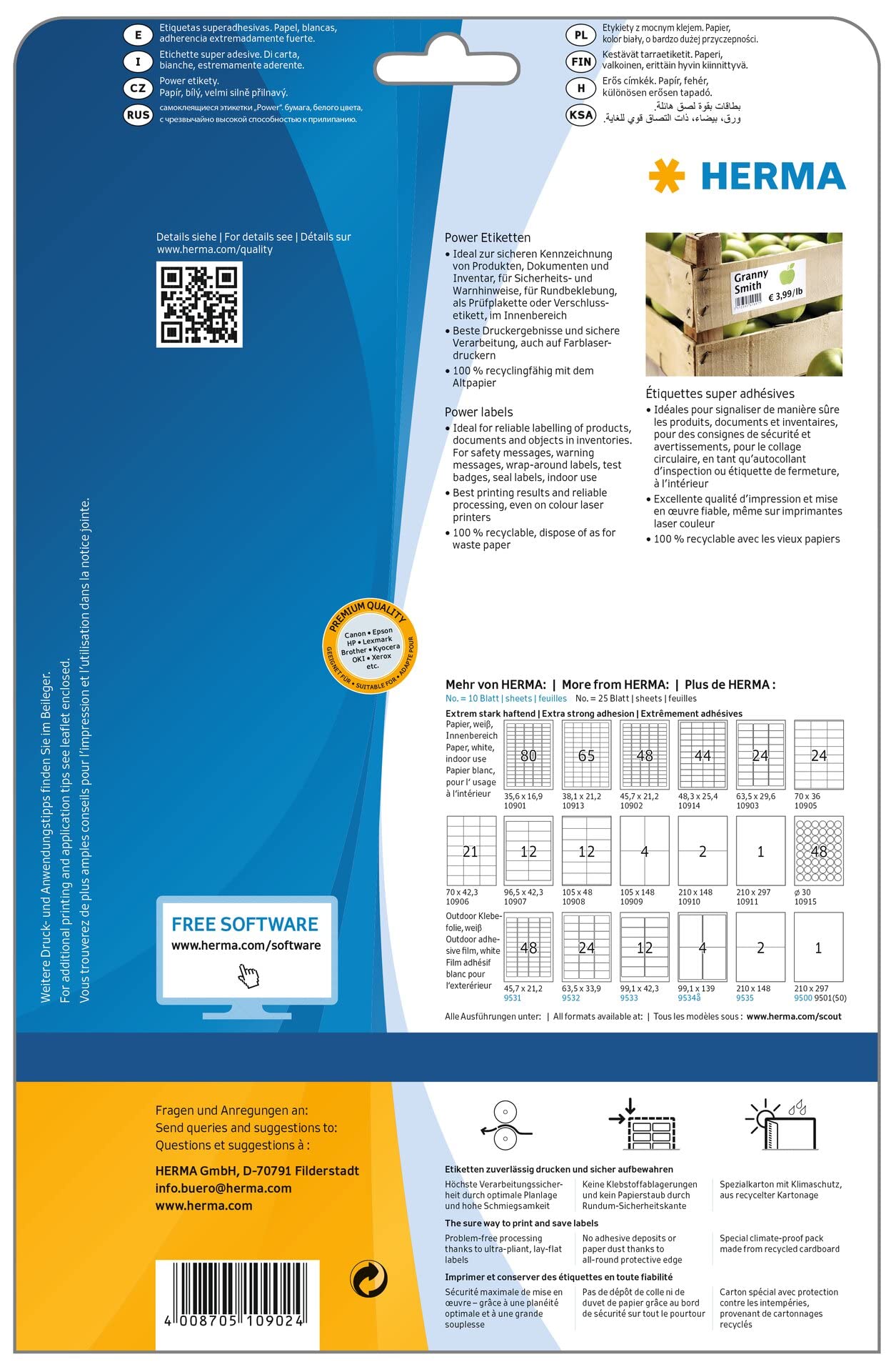HERMA 10902 Extra Strong Adhesive Labels - 1200 Blank White Heavy Duty Stickers (45.7 x 21.2mm), 48 Labels per A4 Sheet, 25 Sheets - Compatible with Laser & Inkjet Printers - Perfect for Shipping, Packaging, Mailing & Inventory Organization