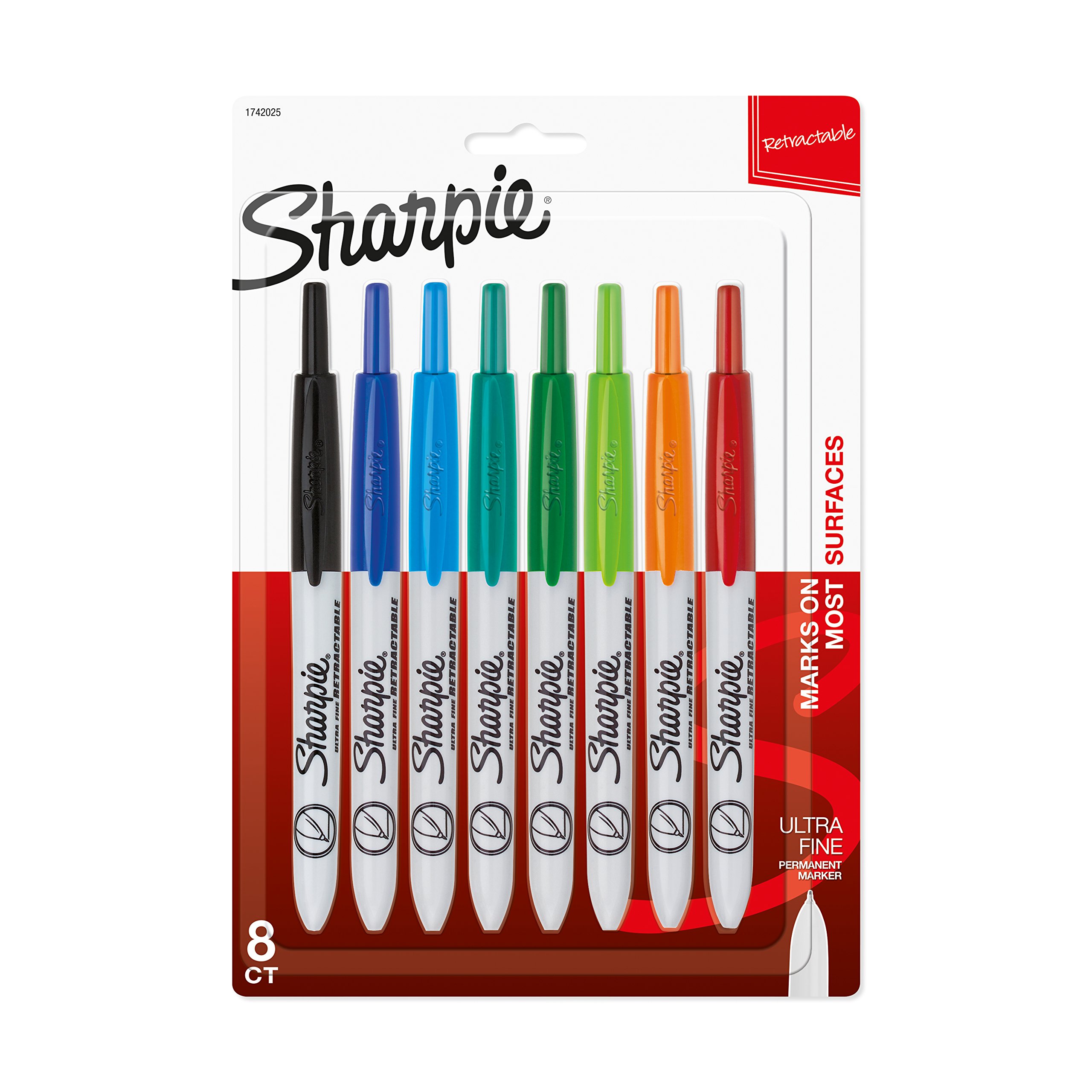 Sharpie 1742025 Retractable Permanent Markers - Ultra Fine Point (0.4mm) - 8-Pack Assorted Colors - Ideal for Office, School, Art Projects & Labeling