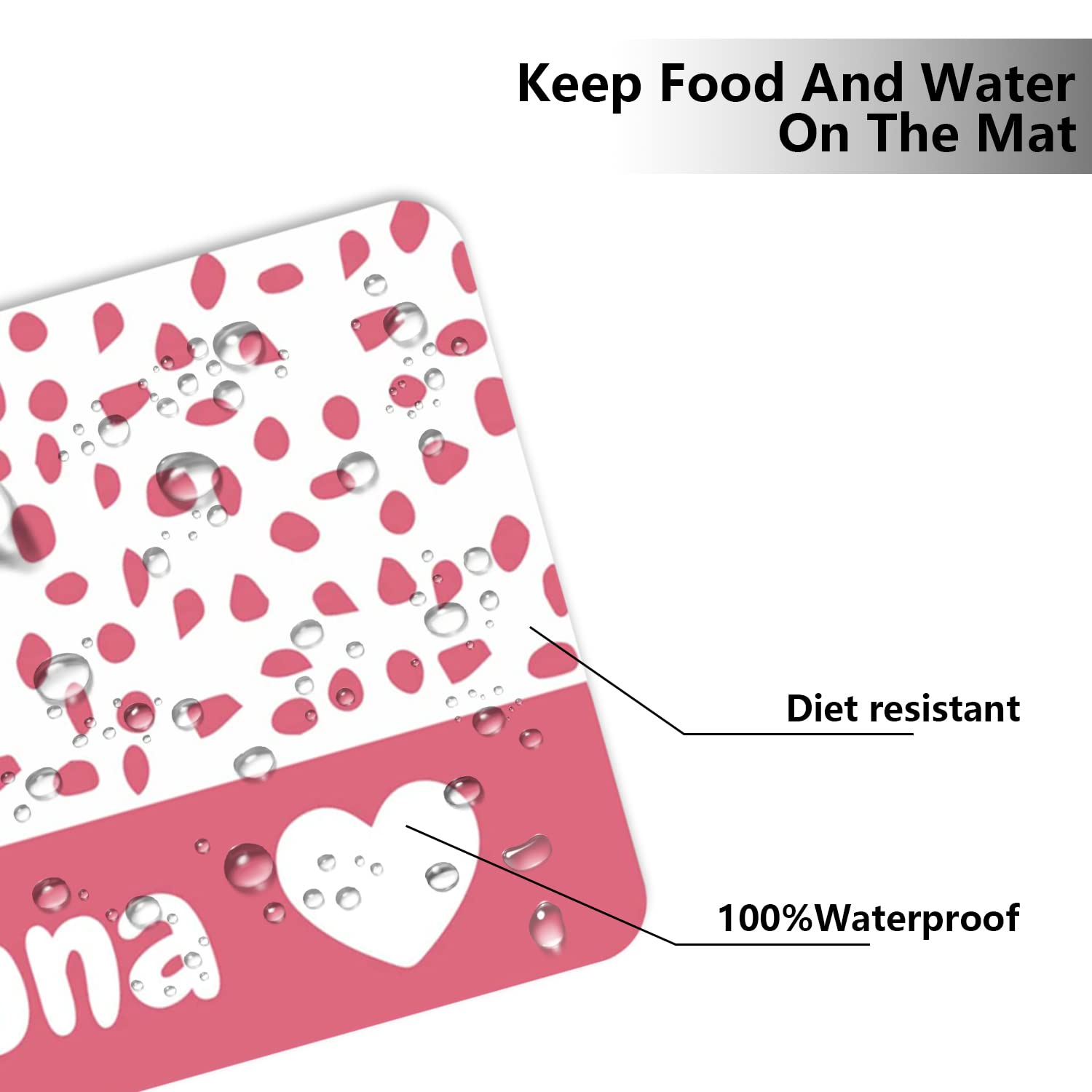 Custom Non-Slip Waterproof Pet Food Mat - Personalized Dog & Cat Bowl Mat with PU Bottom for Floors, Anti-Slip Feeding Mat for Pets (Pink Love) - Perfect for Messy Eaters & Spill Protection in Kitchen or Dining Area