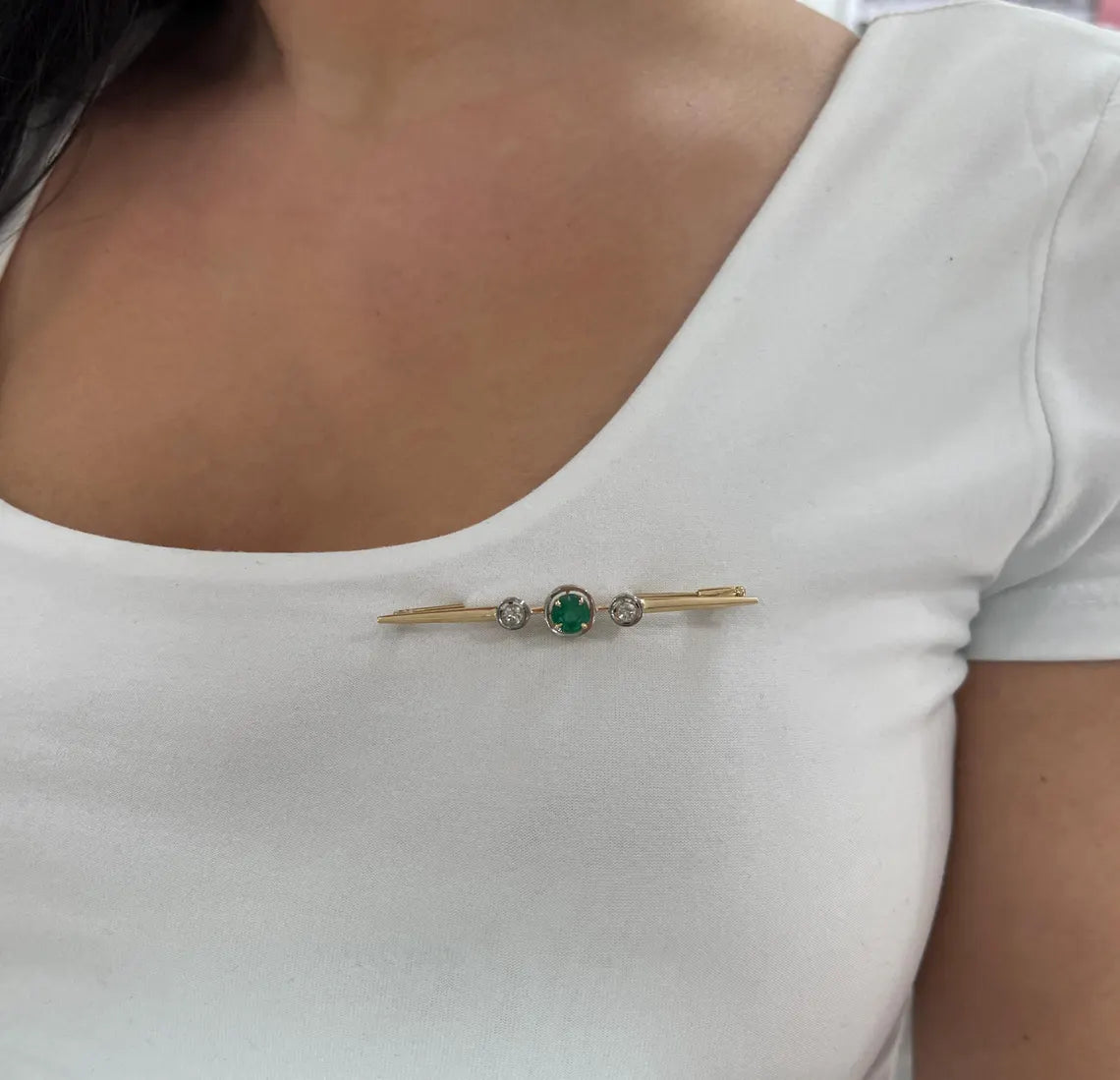 1.65tcw Natural Emerald Diamond Vintage Three Stone Antique Brooch Pin - Elegant Jewelry for Weddings, Parties & Special Occasions