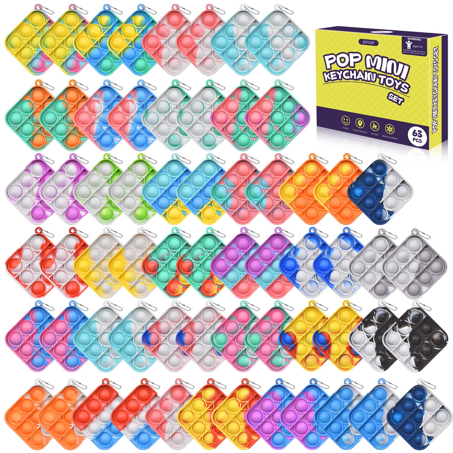 63 PCS Pop Push It Keychain Fidget Sensory Toys for Kids & Adults - Mini Bubble Popper Bulk Fidget Keychains, Stress Relief Desk Toys, Classroom Prizes, Party Favors (Ages 4-8) - Perfect for ADHD, Anxiety Relief, Office & School Use