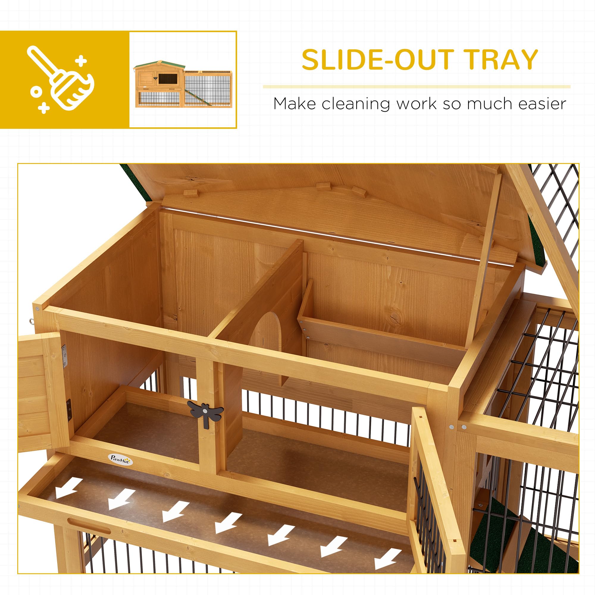 Premium PawHut 2-Story Outdoor Rabbit Hutch with Slide-Out Tray & Run Cage - Openable Top for Rabbits & Guinea Pigs (Yellow) - Perfect for Backyard, Garden, or Patio Small Pet Housing
