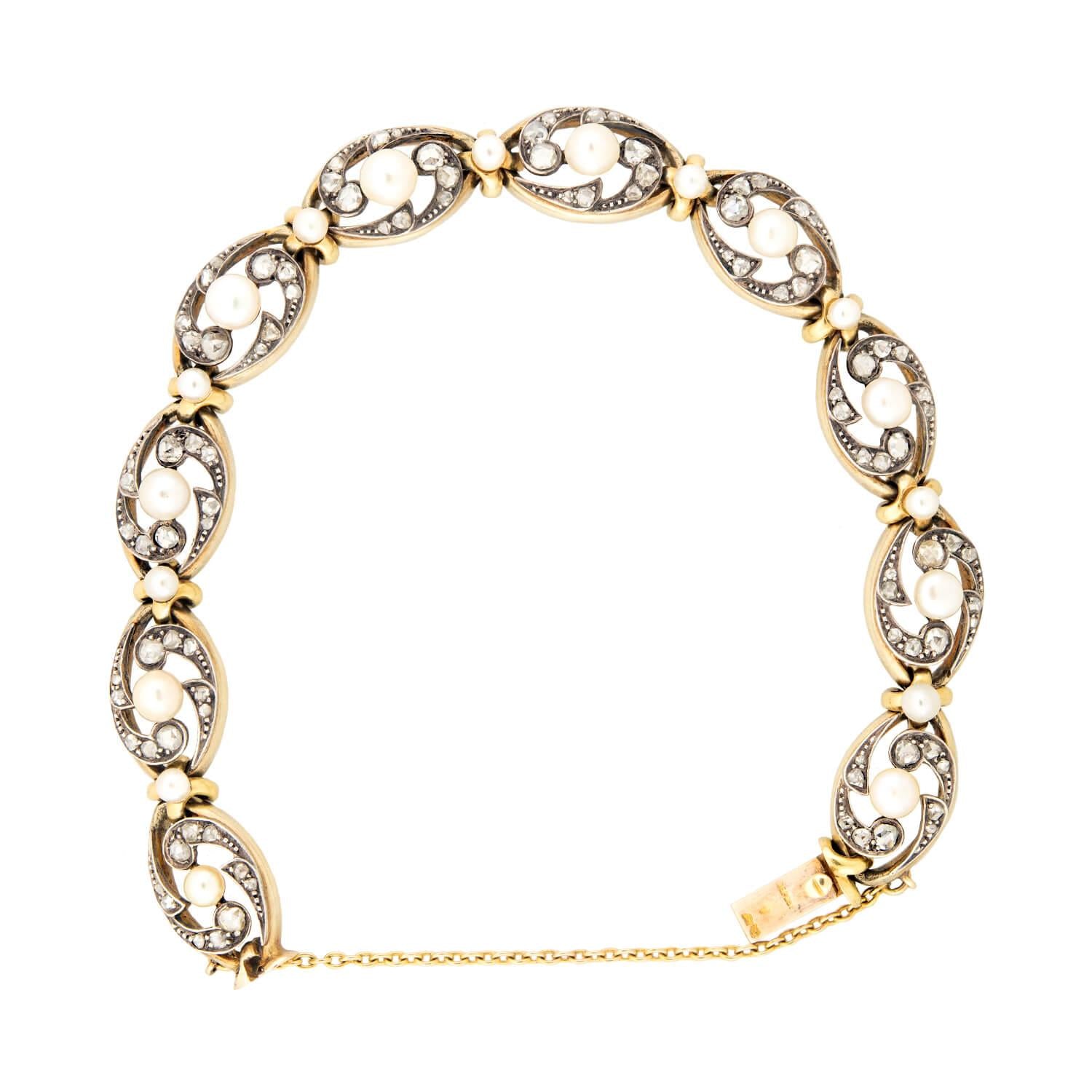 18K Gold & Sterling Silver Victorian French Pearl Diamond Bracelet for Women - Elegant Jewelry Gift for Weddings, Anniversaries & Special Occasions