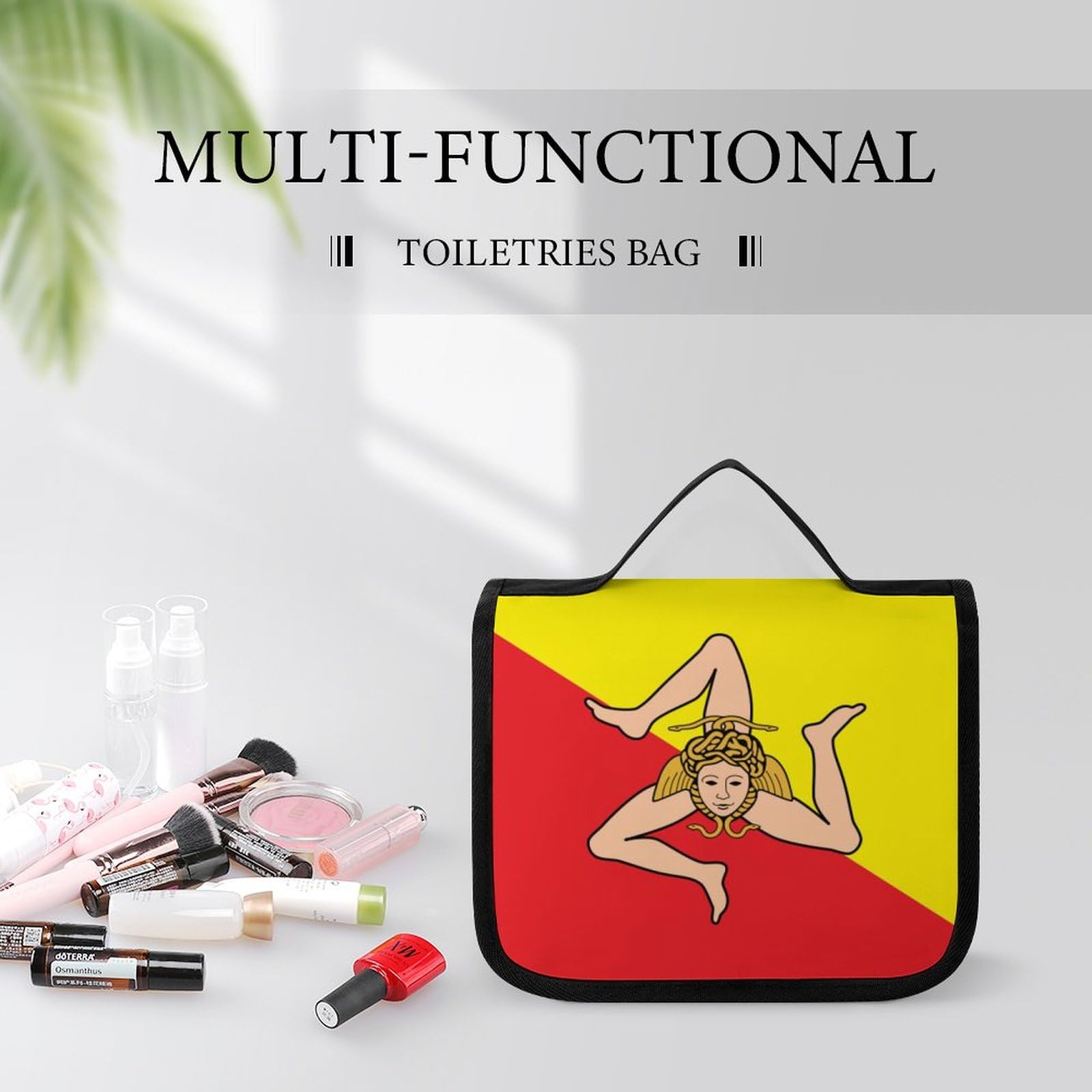 Travel Toiletry Bag with Sicily Flag Print - Waterproof Cosmetic Organizer, Portable Makeup Bag with Hook for Women | Perfect for Vacation, Gym & Daily Use
