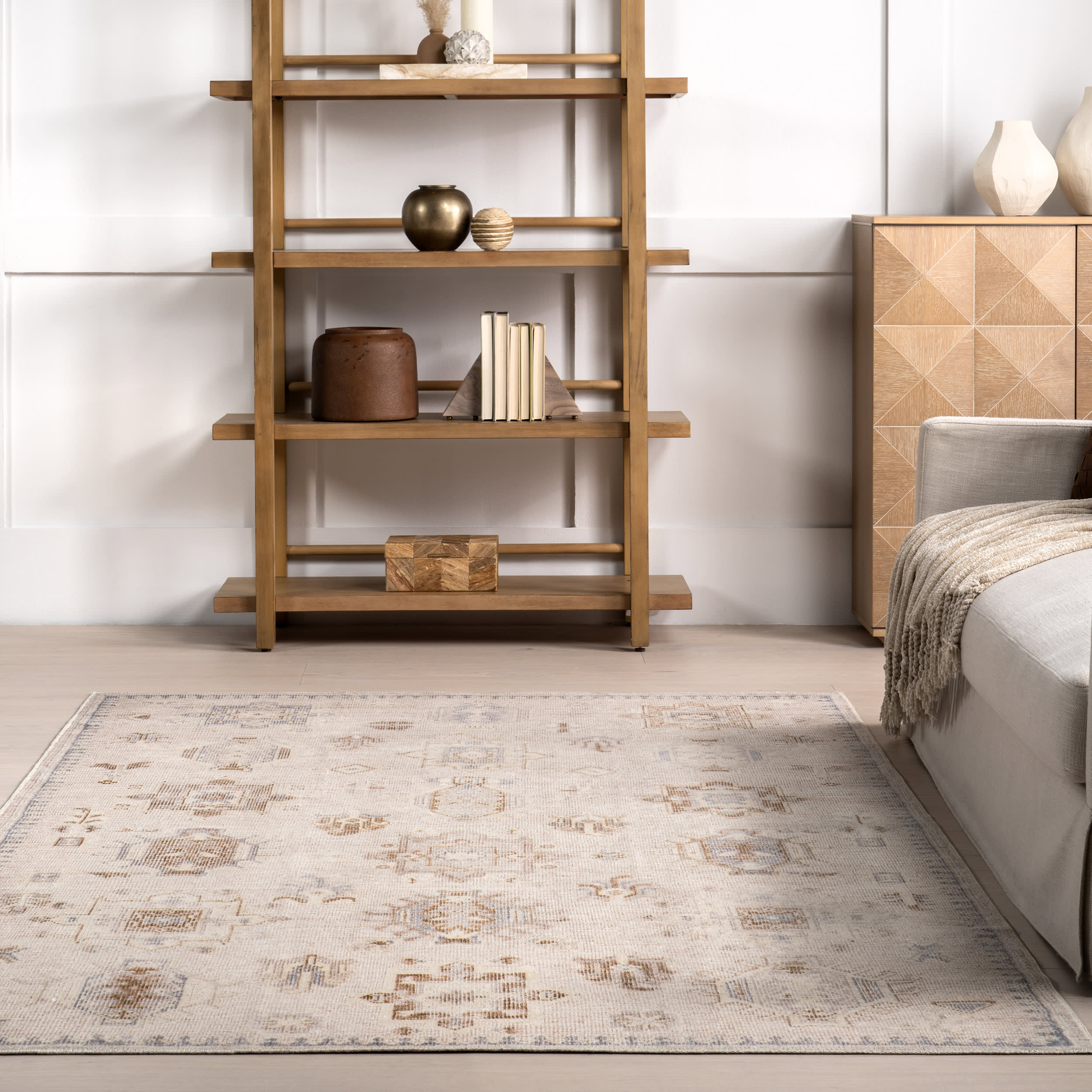 Brenda Hazy Heraldry Washable Rug - Soft & Durable Beige Area Rug for Living Room, Bedroom, or Nursery | Easy to Clean & Stain Resistant