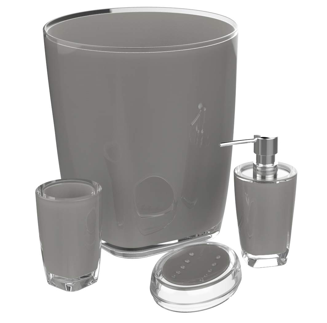 QG Modern Acrylic Plastic Bathroom Accessories Set - 4 Piece (Lotion Dispenser, Soap Dish, Tumbler, Trash Can) in Clear/Grey | Space-Saving Organizer for Bathroom Countertop, Shower & Vanity