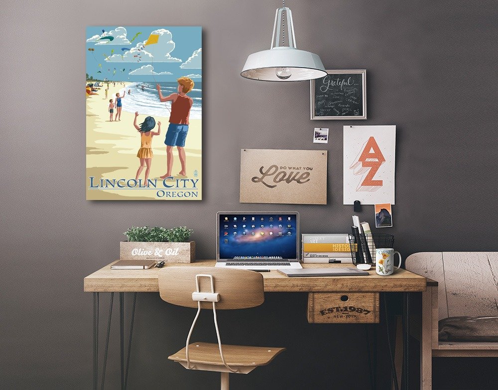 Lincoln City Oregon Kite Flyers Wall Art - 16x24 Wrapped Canvas Print for Coastal Home Decor & Beach House Living Room