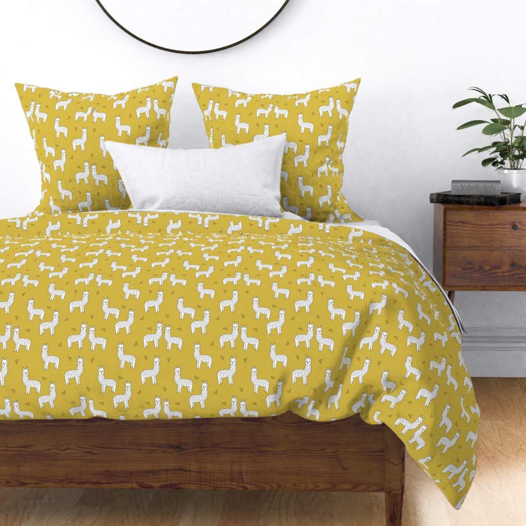 Premium Cotton Sateen Duvet Cover Full/Queen Size - Alpaca & Llama Print in Mustard Yellow & Gold | Gender Neutral Nursery Bedding for Baby & Kids Room | Soft Custom Printed Bed Cover for Cozy Sleep