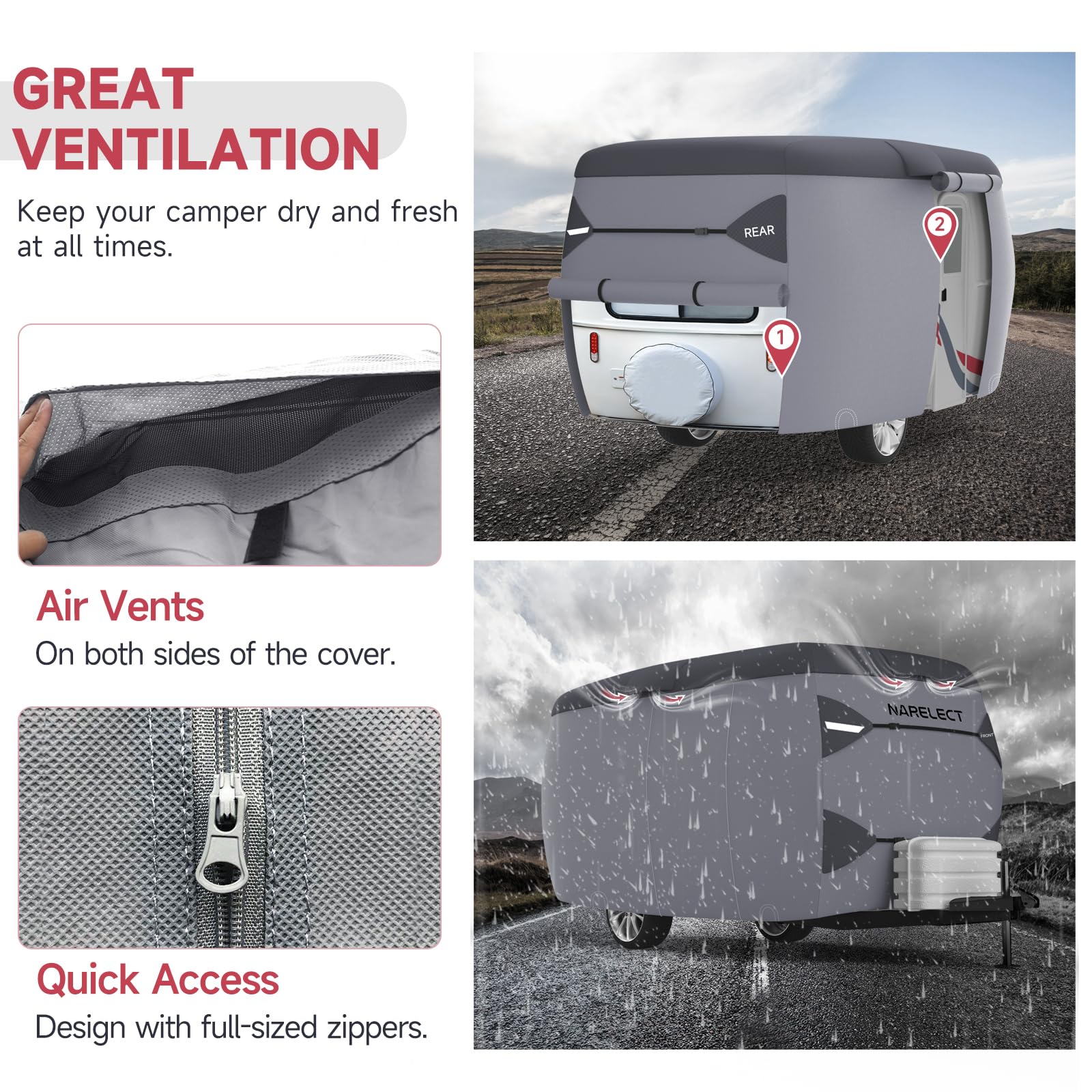 Upgraded Waterproof Fiberglass Travel Trailer Cover - 8'-10' Fit, Windproof Straps & 7-Layer UV Protection for Camping & Outdoor Storage