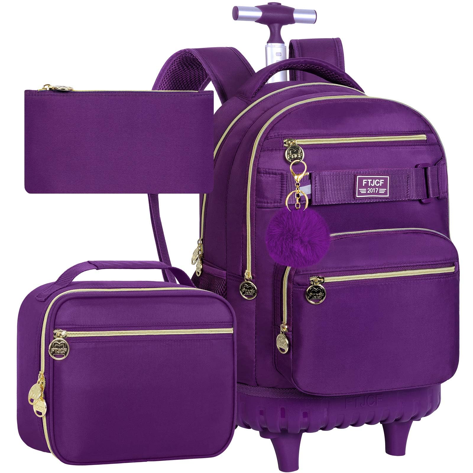 3Pcs Rolling Backpack for Girls & Women - 19 Inch Wheeled Backpack with Lunch Box, Durable School Bookbag with Wheels for Travel & Commuting (Deep Purple) - Perfect for School, College, Work & Airplane Carry-On